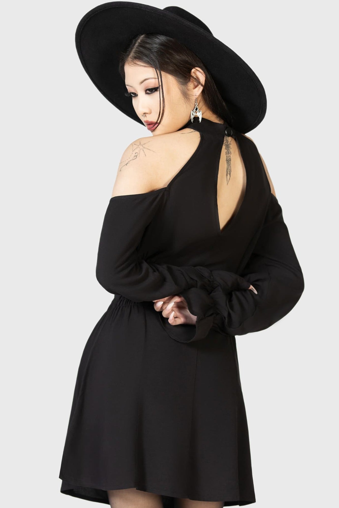 Killstar Destiny Waits Mini Dress - Cold Shoulder, Moon Buttons