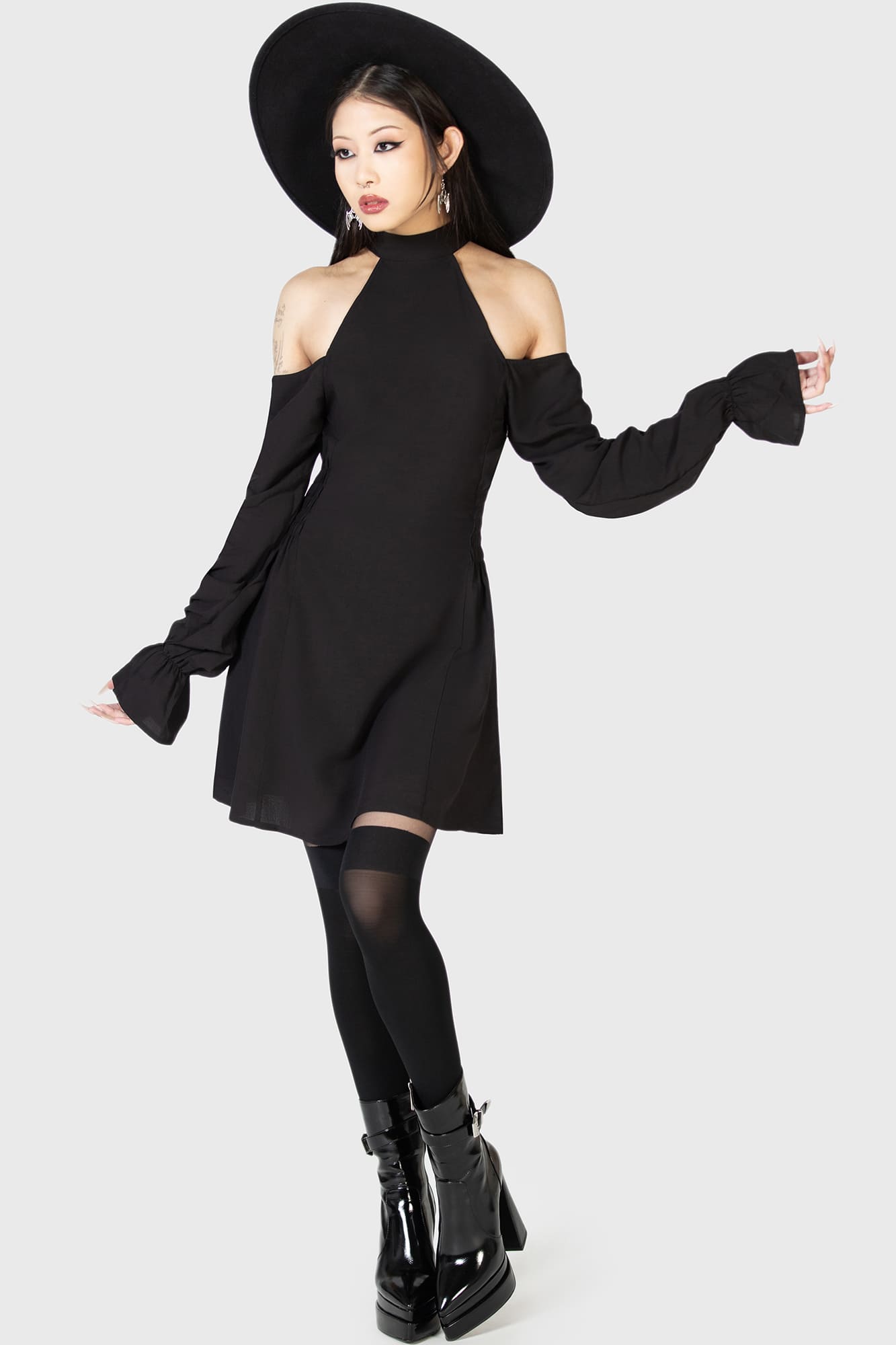 Killstar Destiny Waits Mini Dress - Cold Shoulder, Moon Buttons