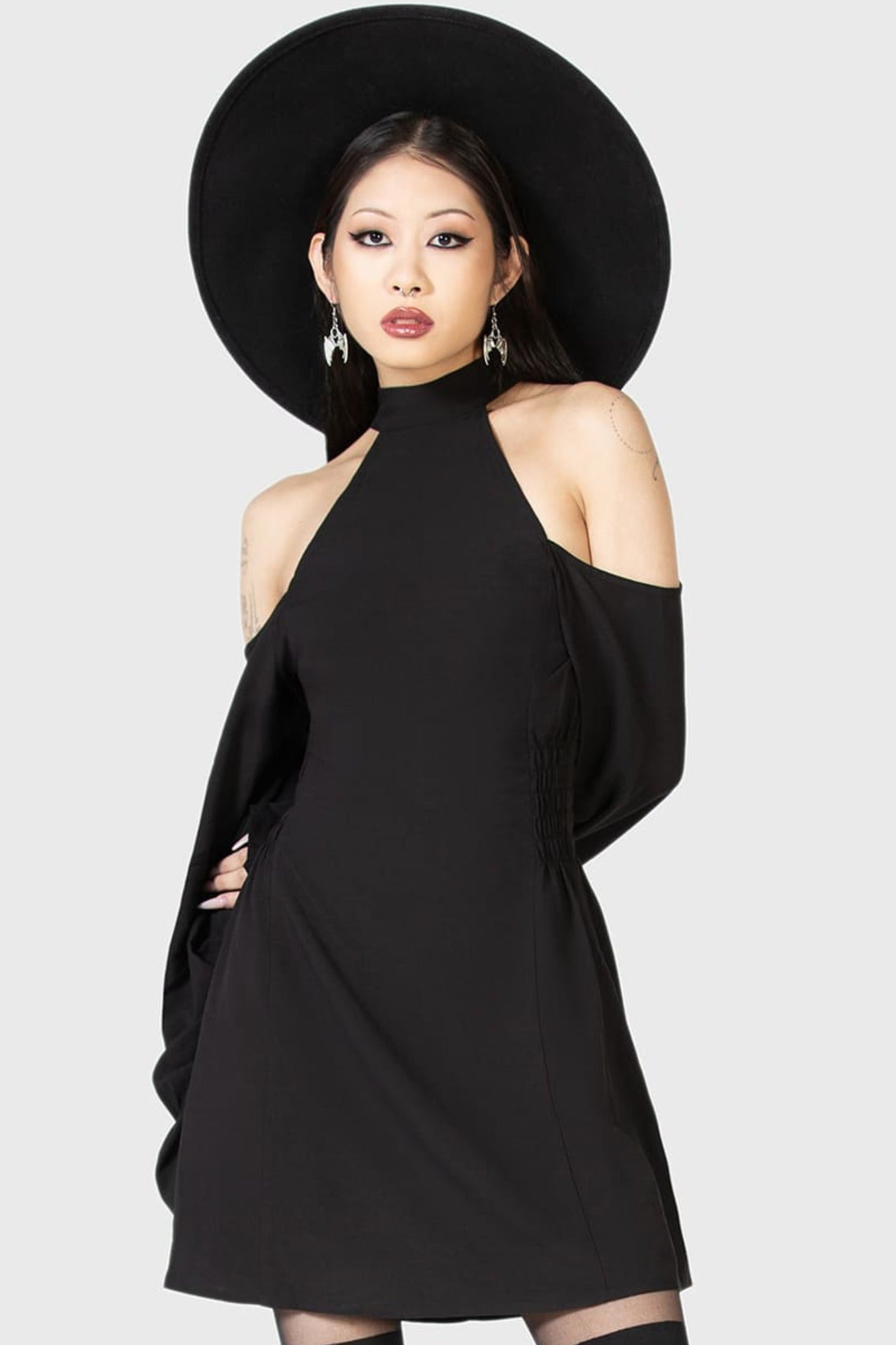 Killstar Destiny Waits Mini Dress - Cold Shoulder, Moon Buttons