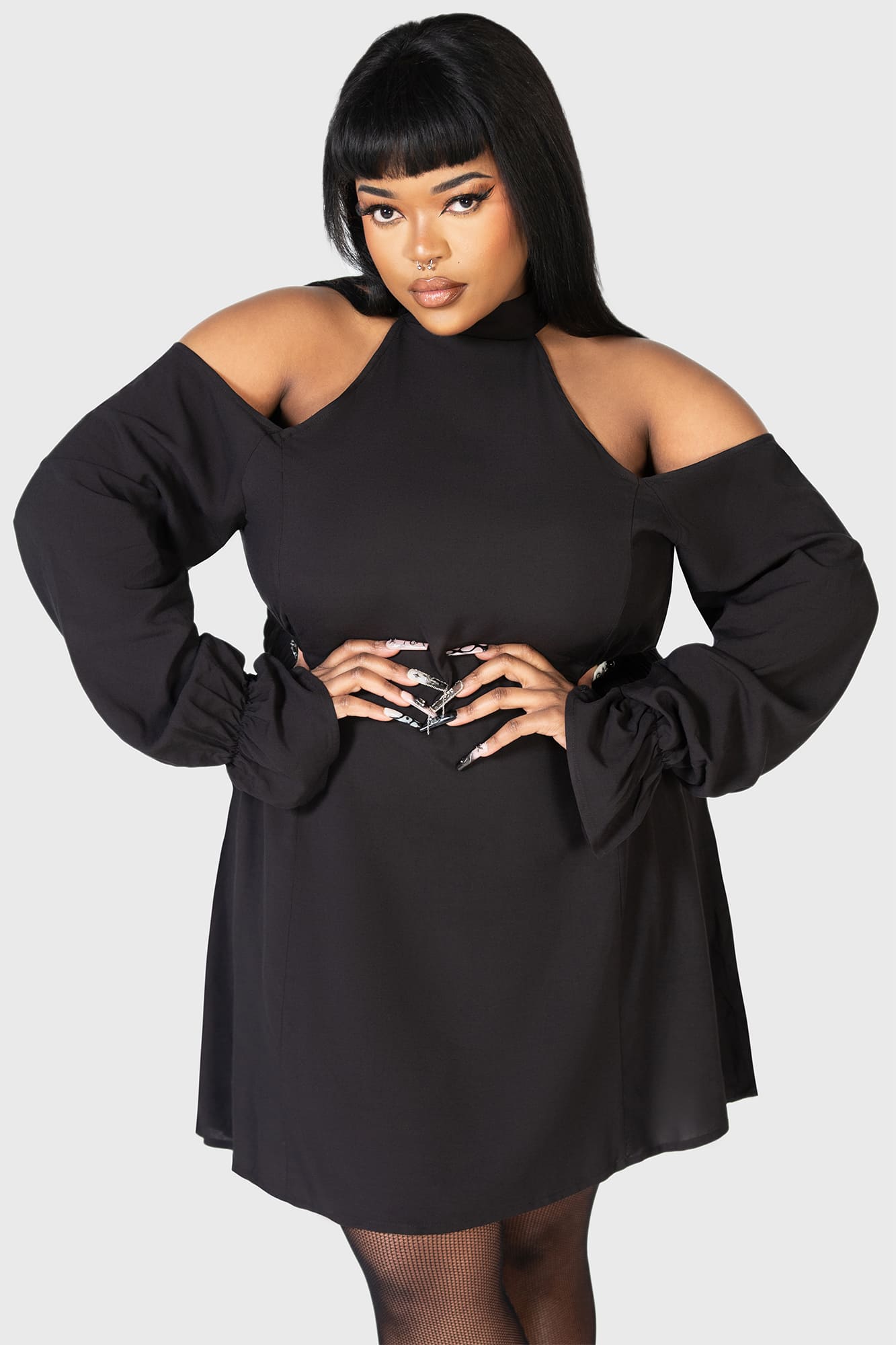 Killstar Destiny Waits Mini Dress - Cold Shoulder, Moon Buttons