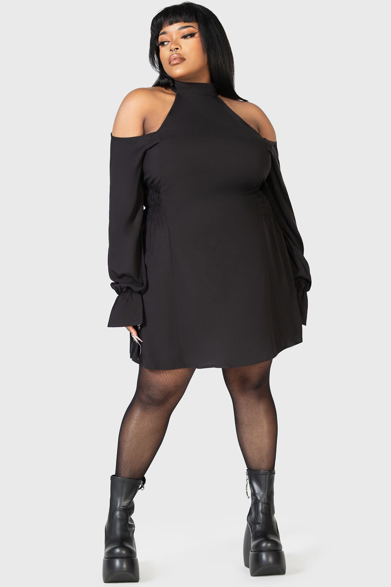 Killstar Destiny Waits Mini Dress - Cold Shoulder, Moon Buttons