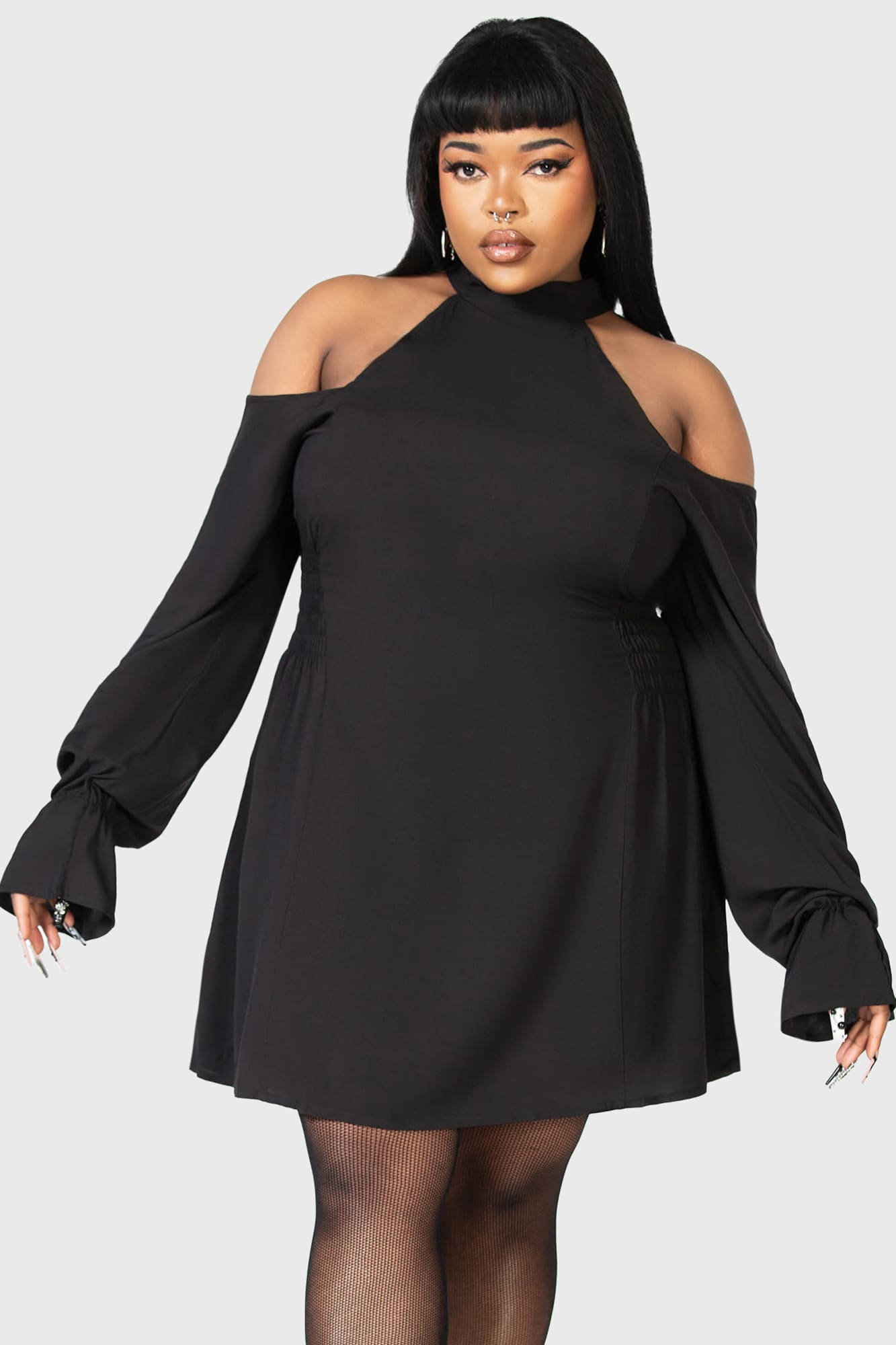 Killstar Destiny Waits Mini Dress - Cold Shoulder, Moon Buttons
