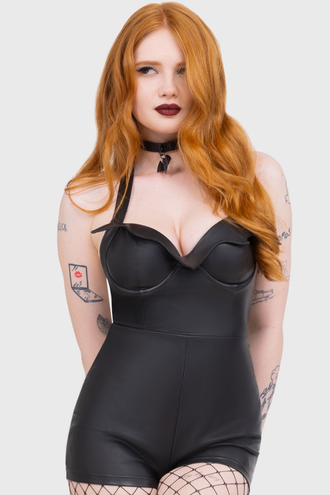 Killstar Devil's Darling PU Playsuit with Sweetheart Neckline & Underwire