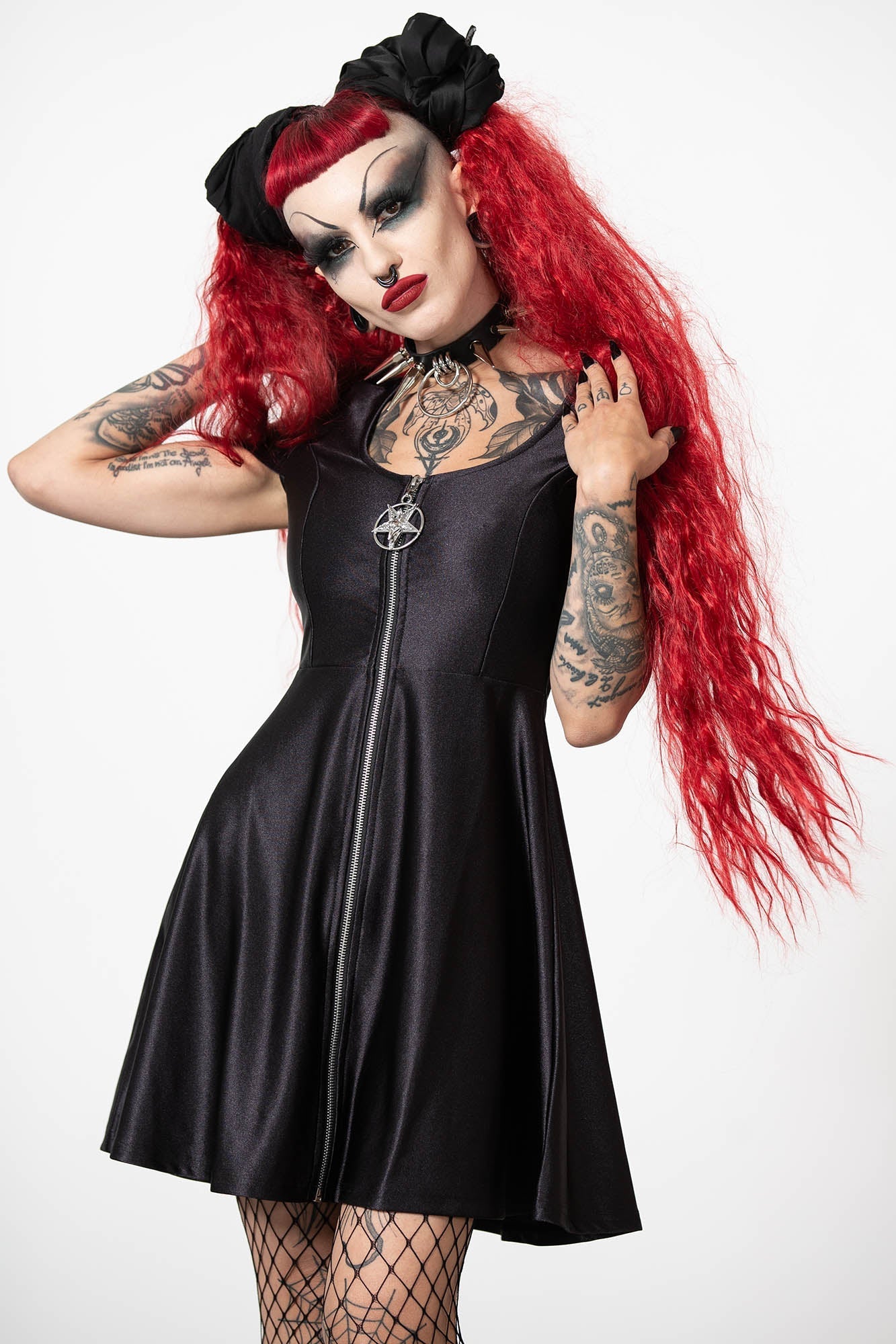 Killstar Disco Diva Dress with Baphomet Zip - Stretchy A-Line