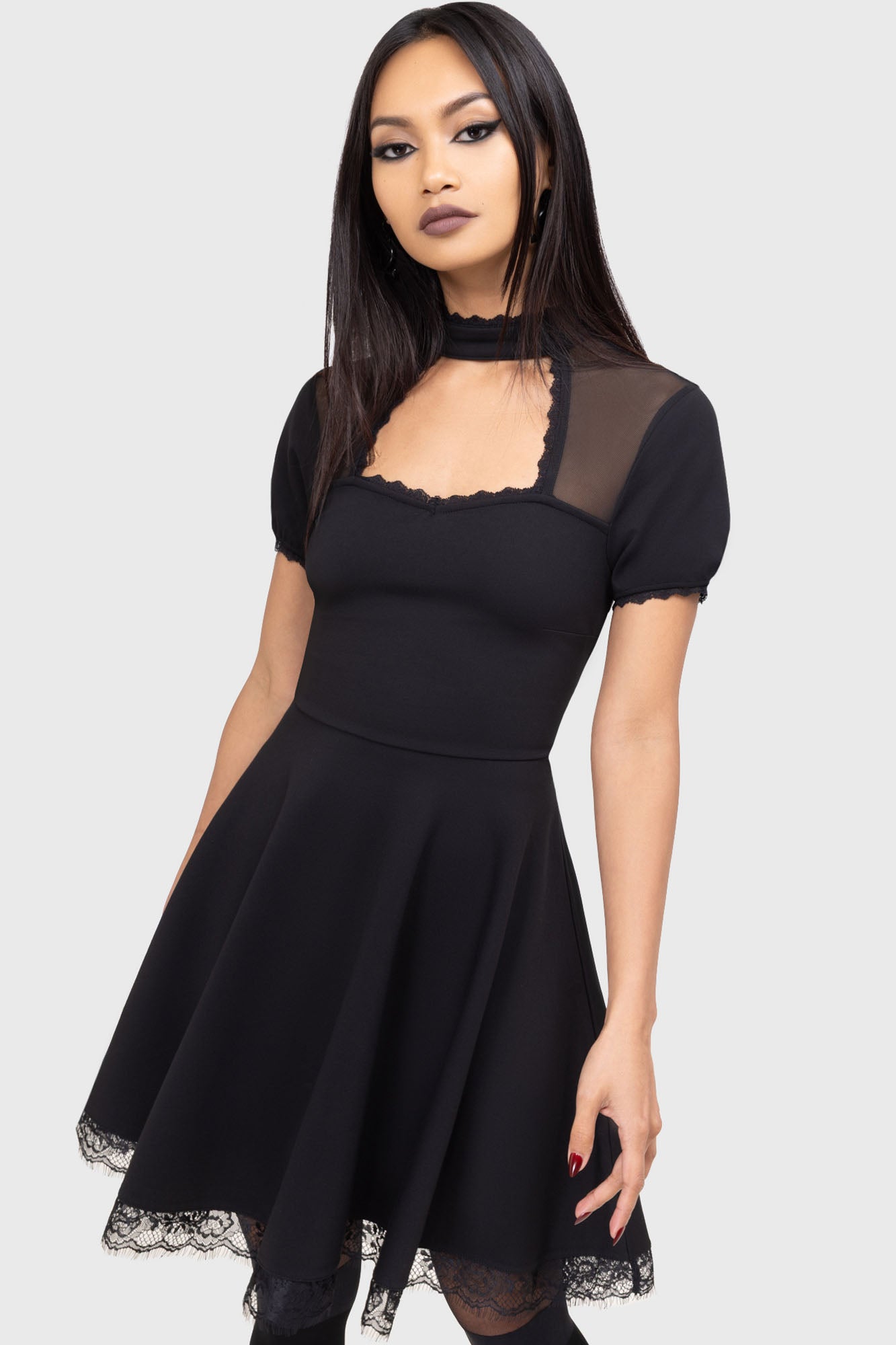 Killstar Draculana Black Skater Dress with Lace Trim