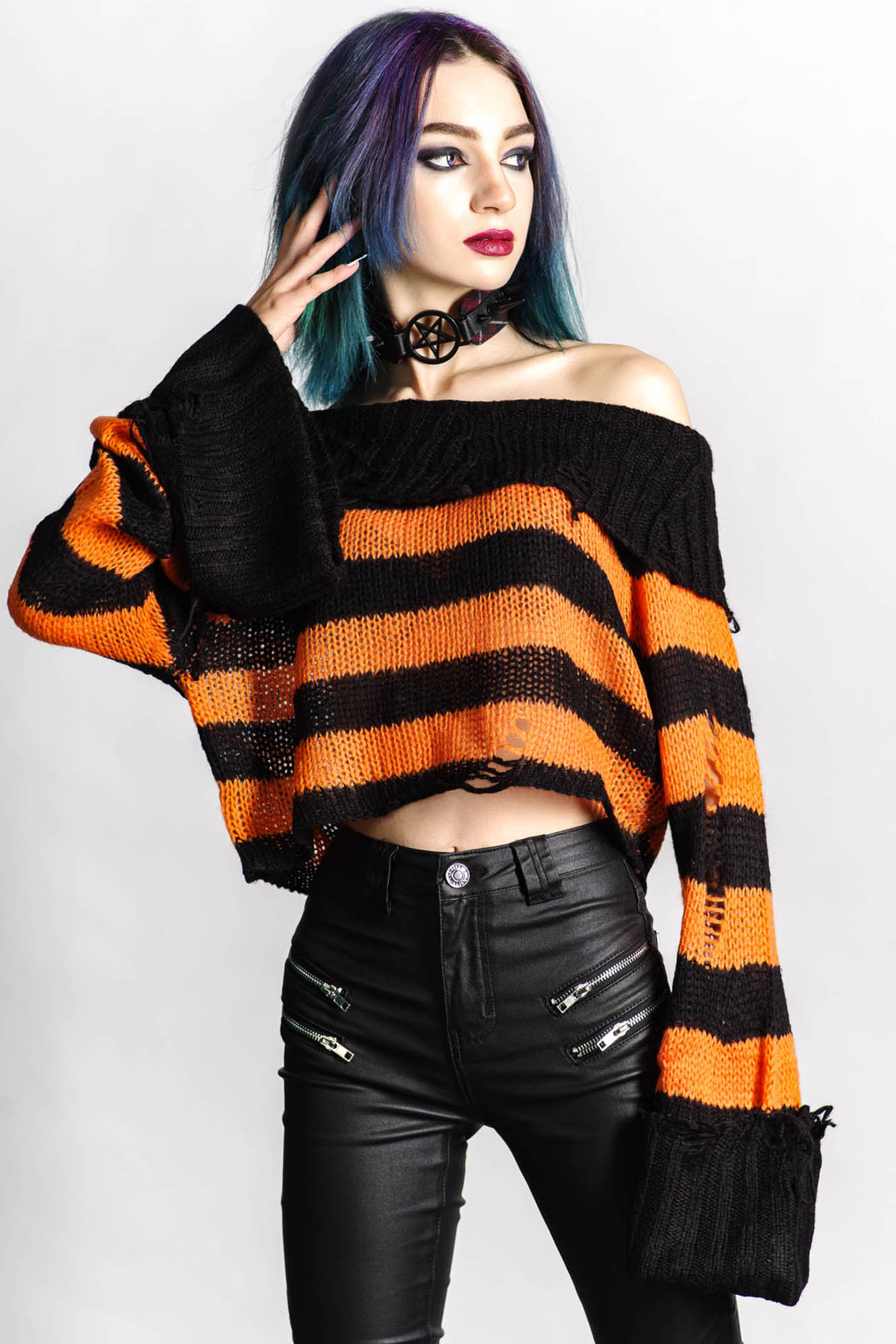 Killstar Eerie Striped Crop Knit Sweater - Gothic Bardot Neck