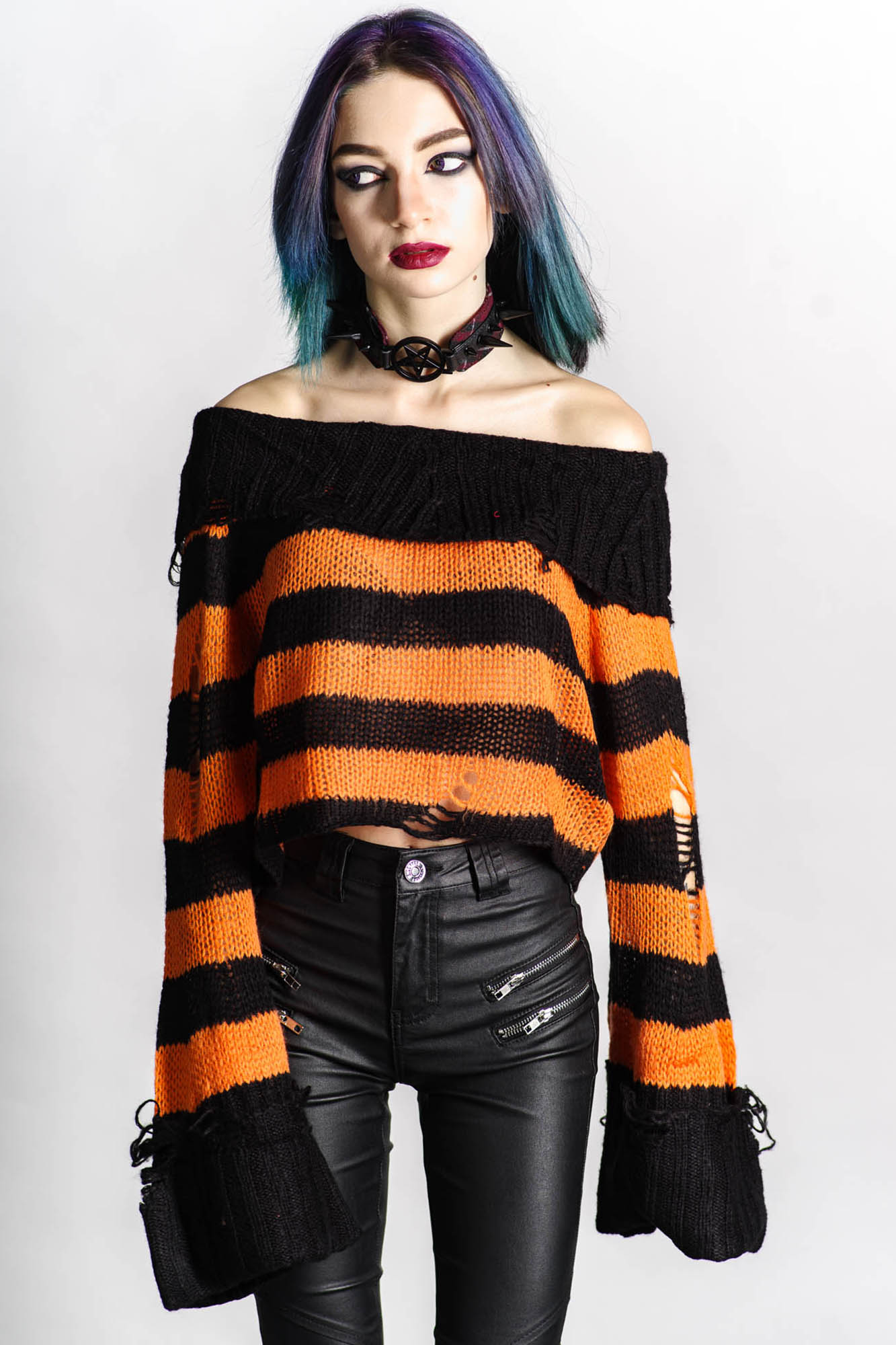 Killstar Eerie Striped Crop Knit Sweater - Gothic Bardot Neck