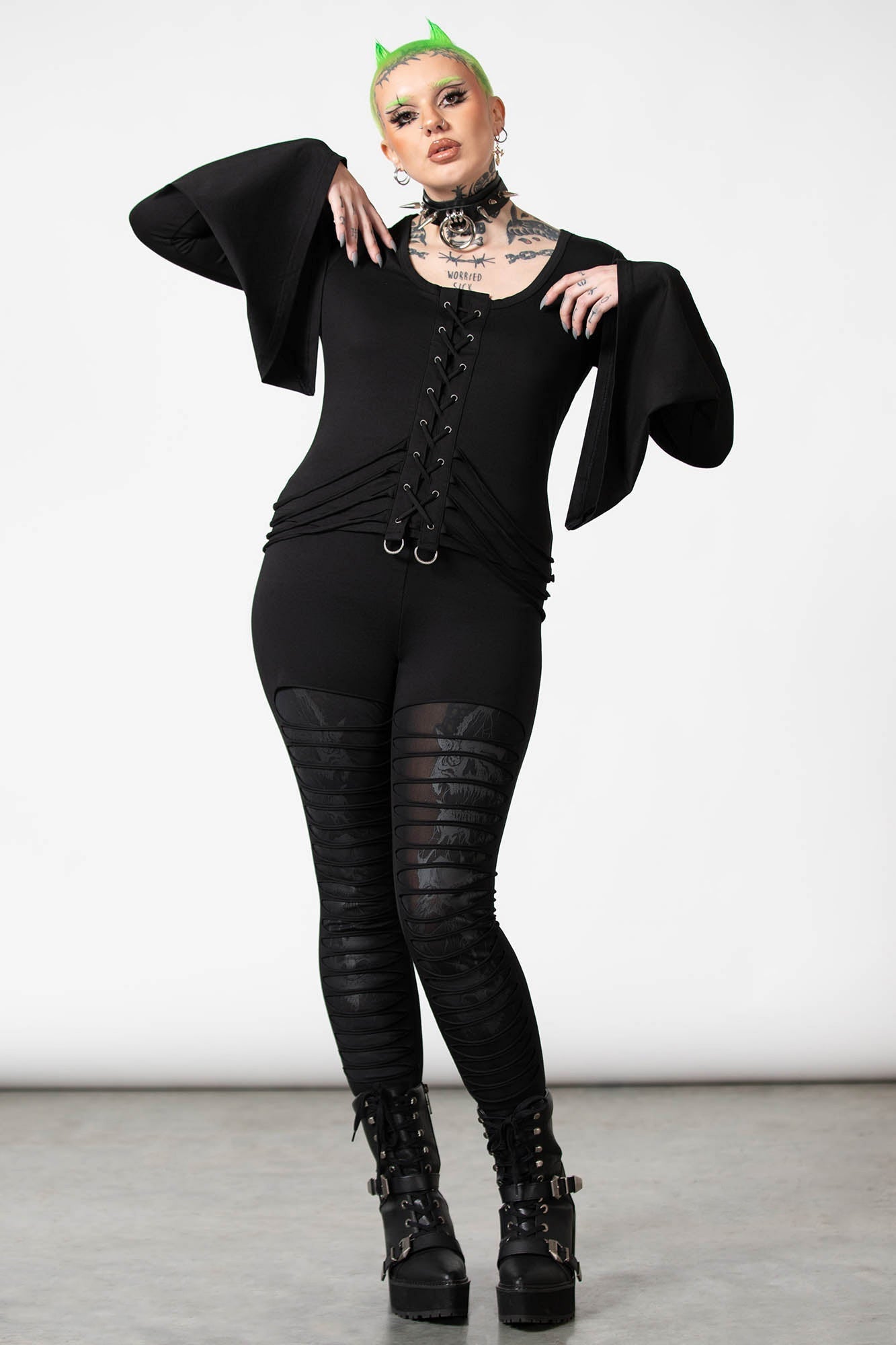 Killstar Faith Long Sleeve Cotton Top with Bell Sleeves