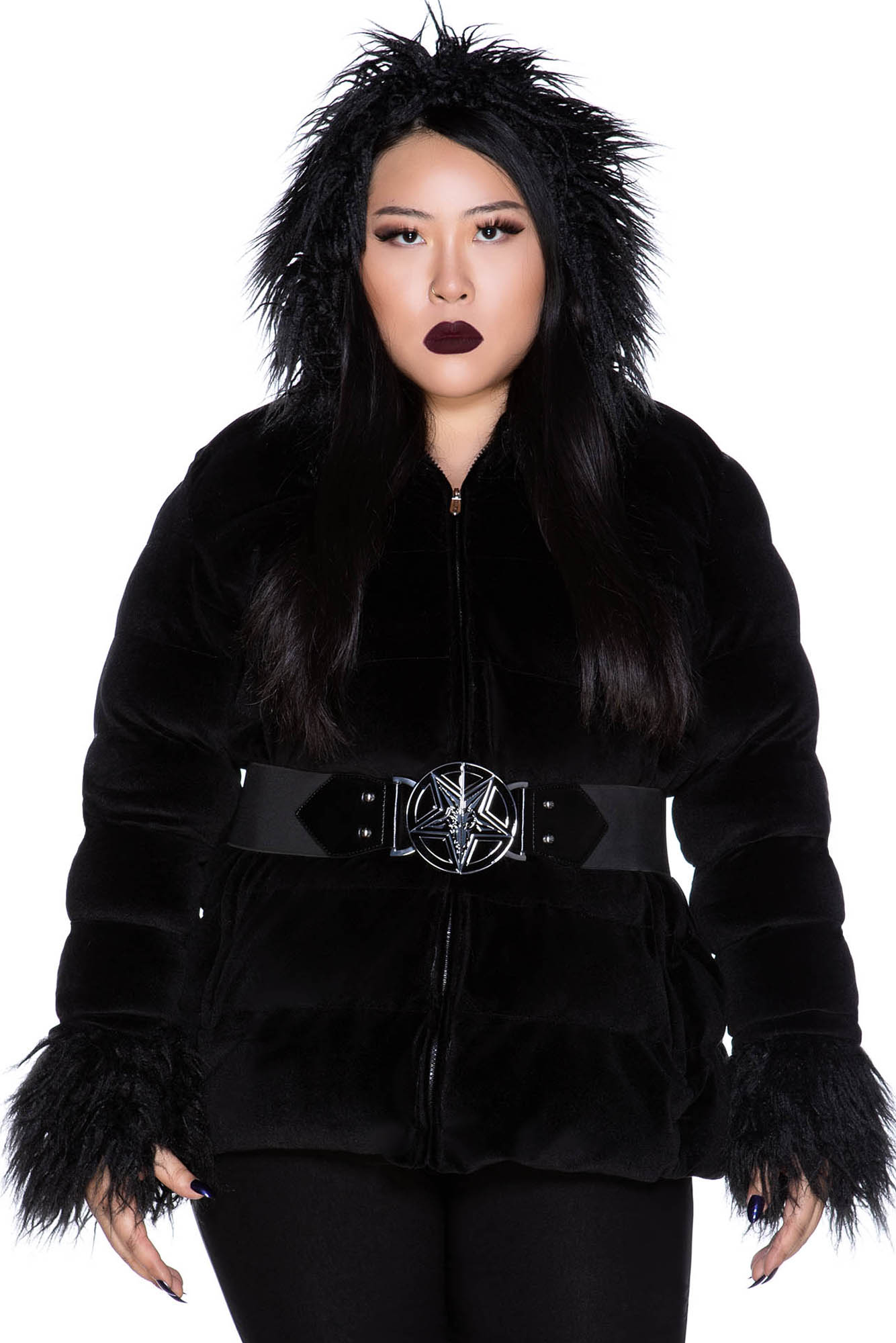 Killstar Gates of Hell Velvet Hooded Coat with Faux Fur