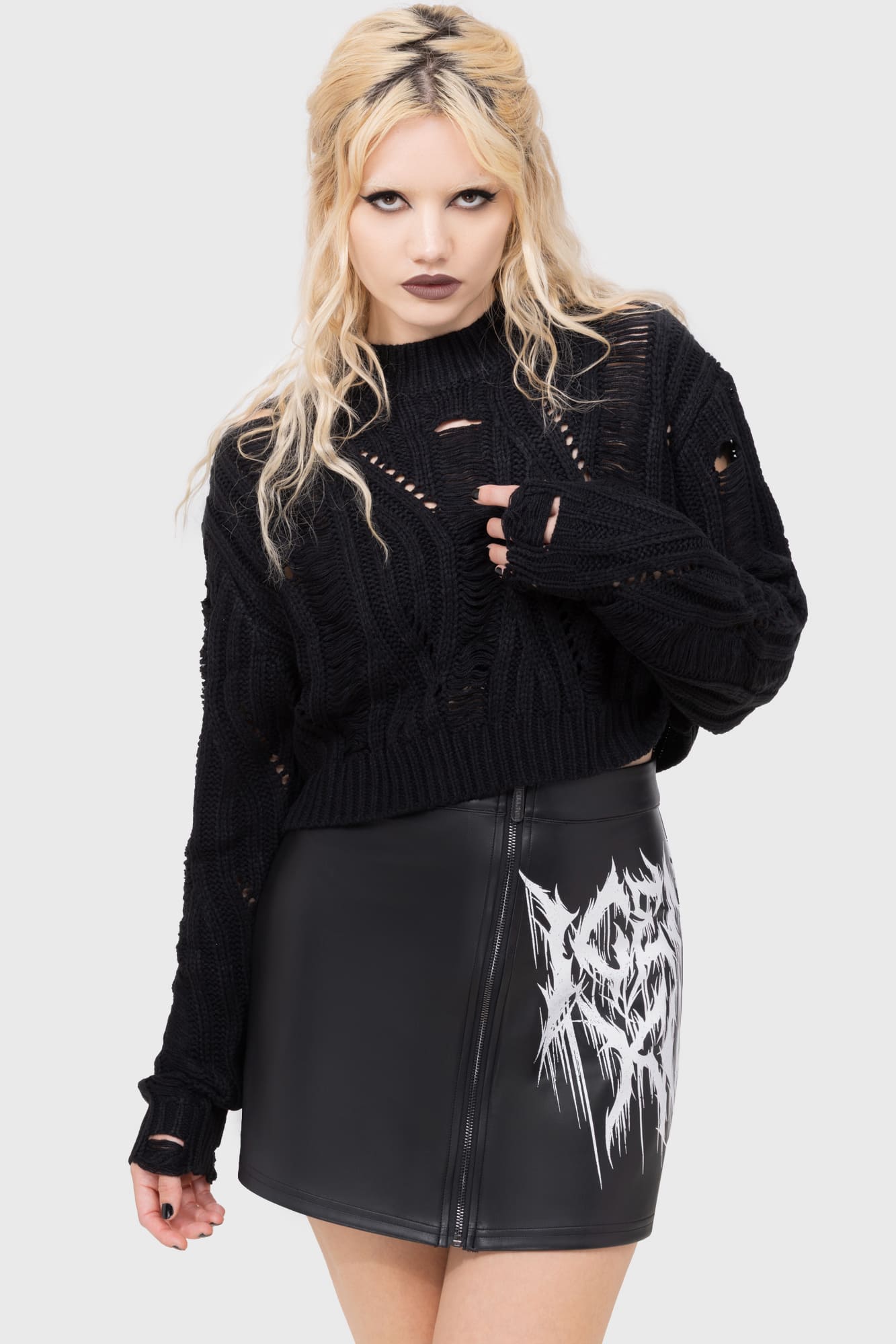 Killstar Ghastmark Distressed Crop Sweater - Gothic Knit Top