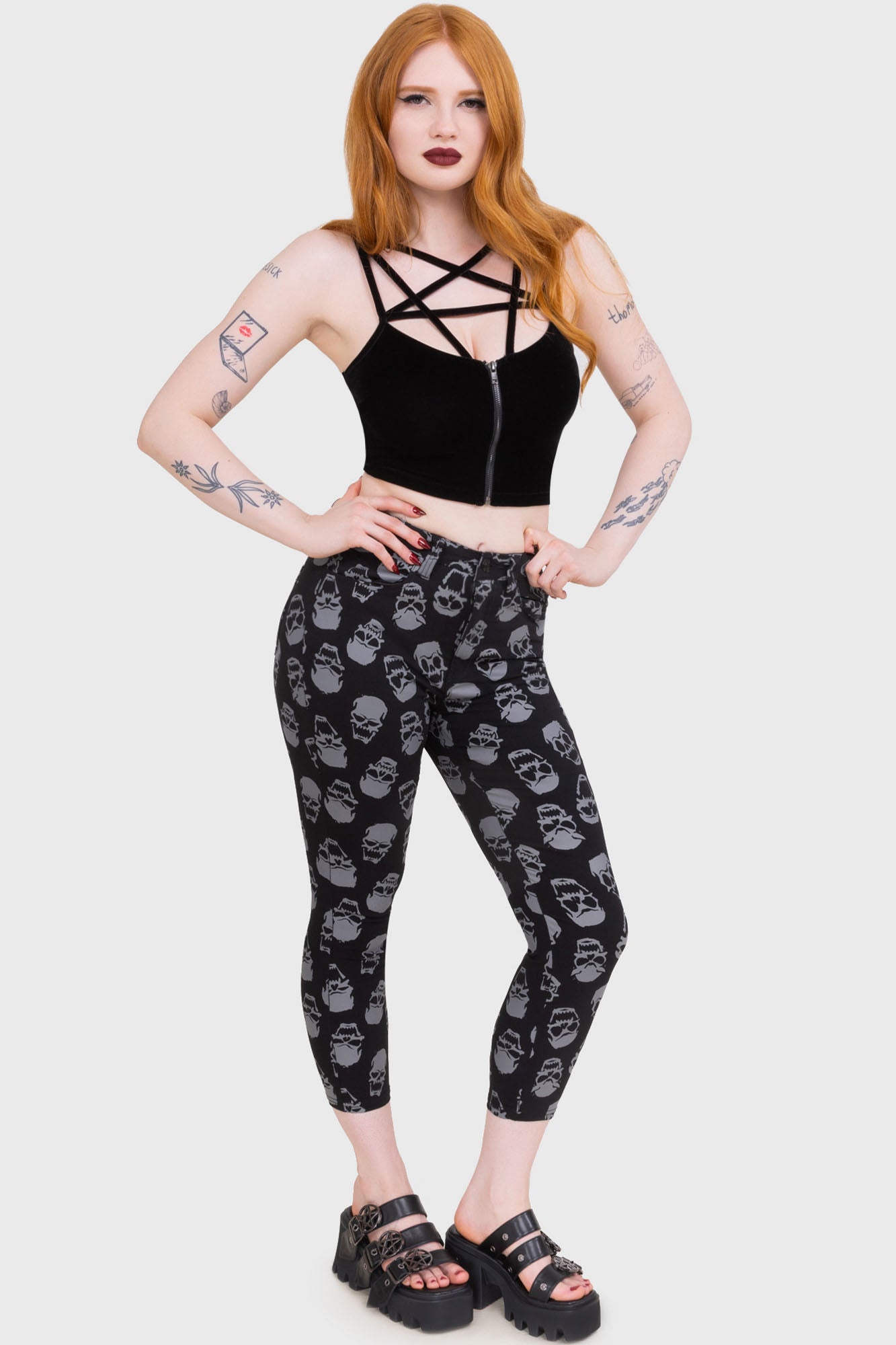 Killstar Heirloom Skull Print Stretch Capri Pants
