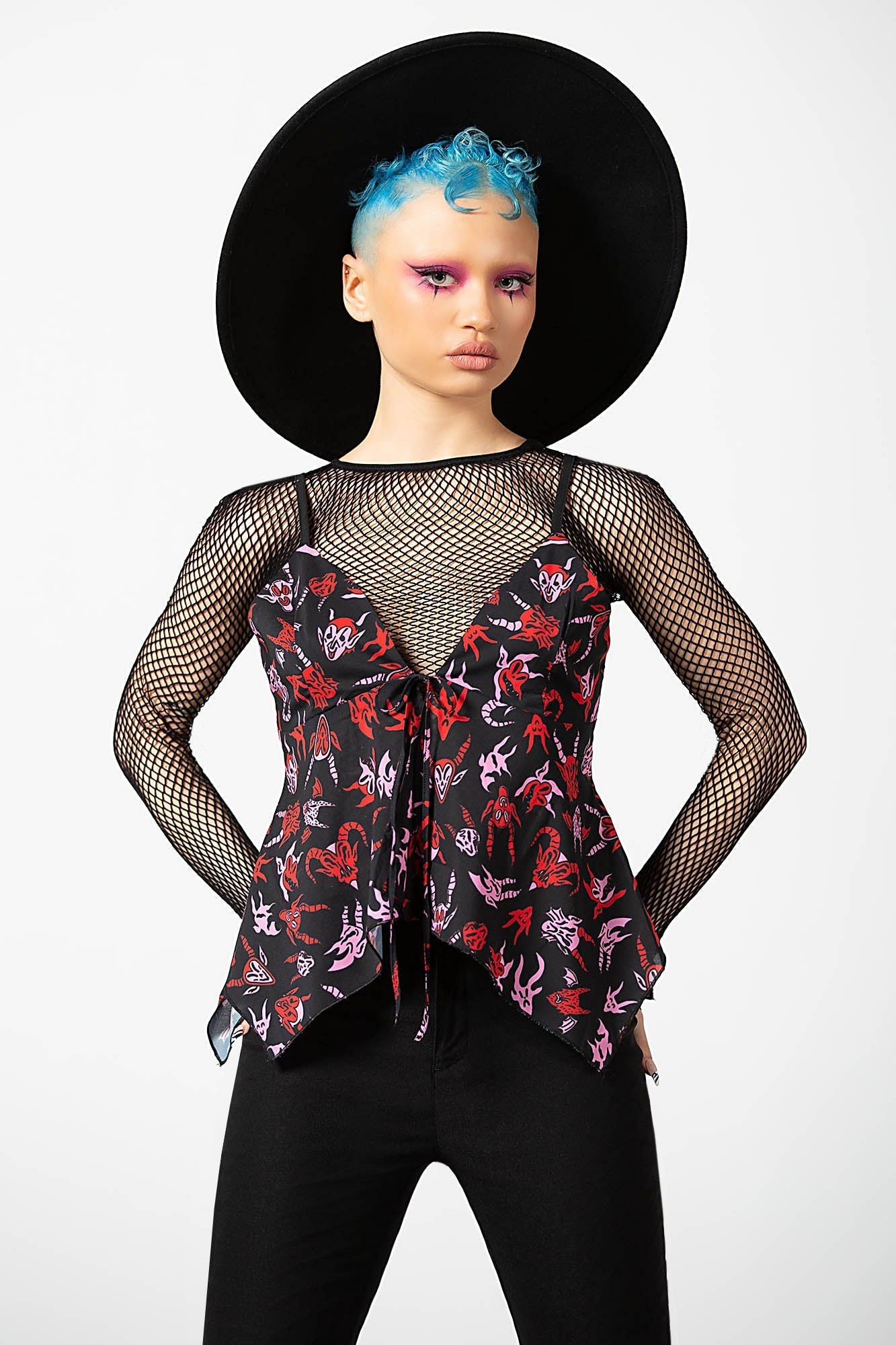 Hellborn Blouse - Gothic Mesh V-Neck Top with Adjustable Straps