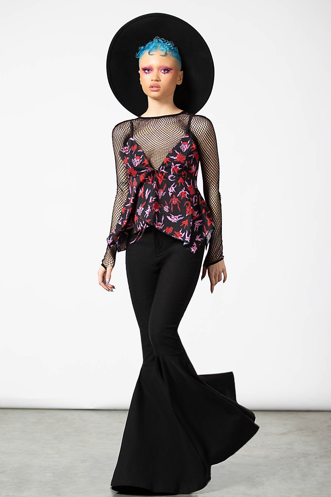 Hellborn Blouse - Gothic Mesh V-Neck Top with Adjustable Straps