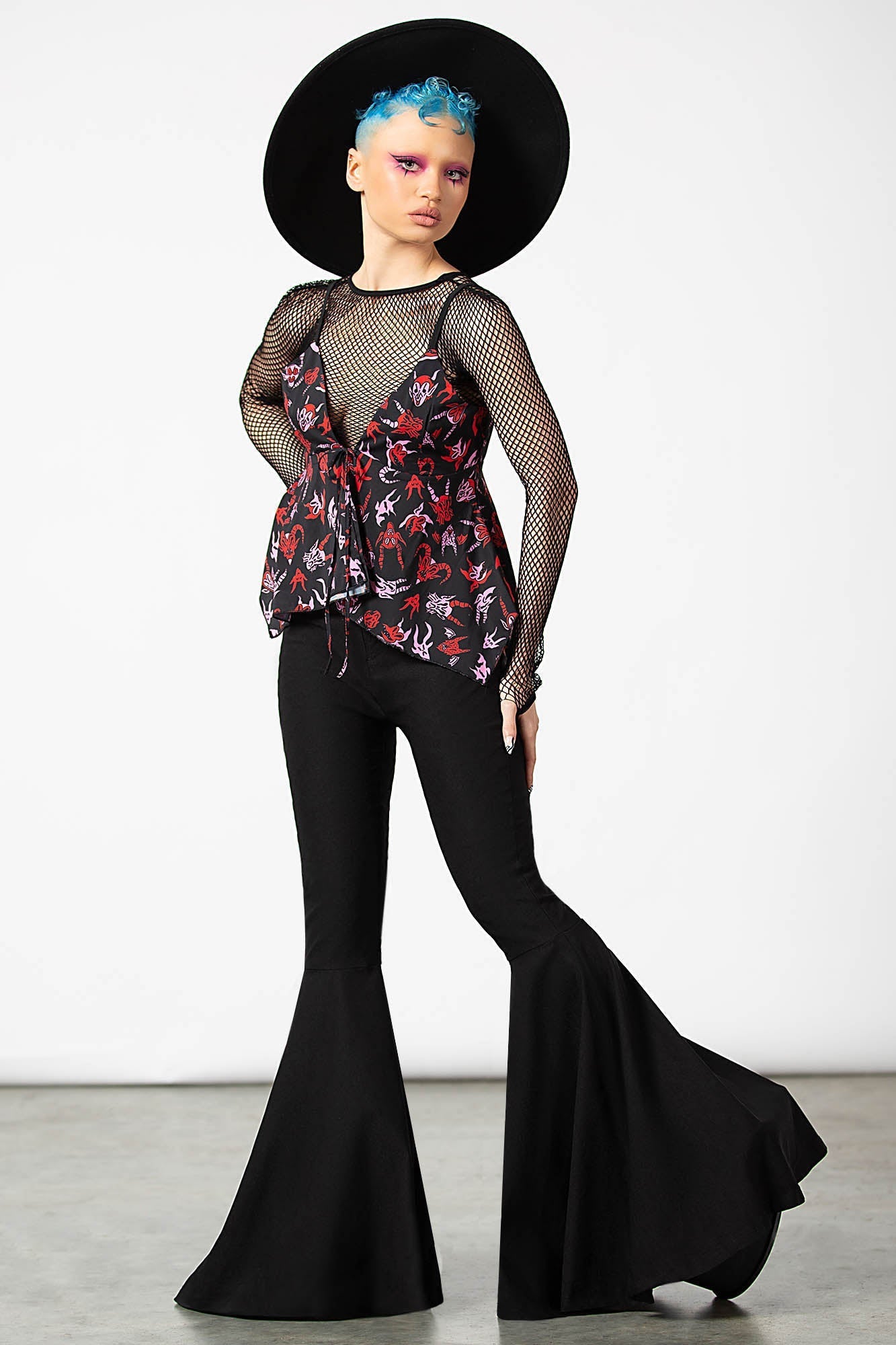 Hellborn Blouse - Gothic Mesh V-Neck Top with Adjustable Straps