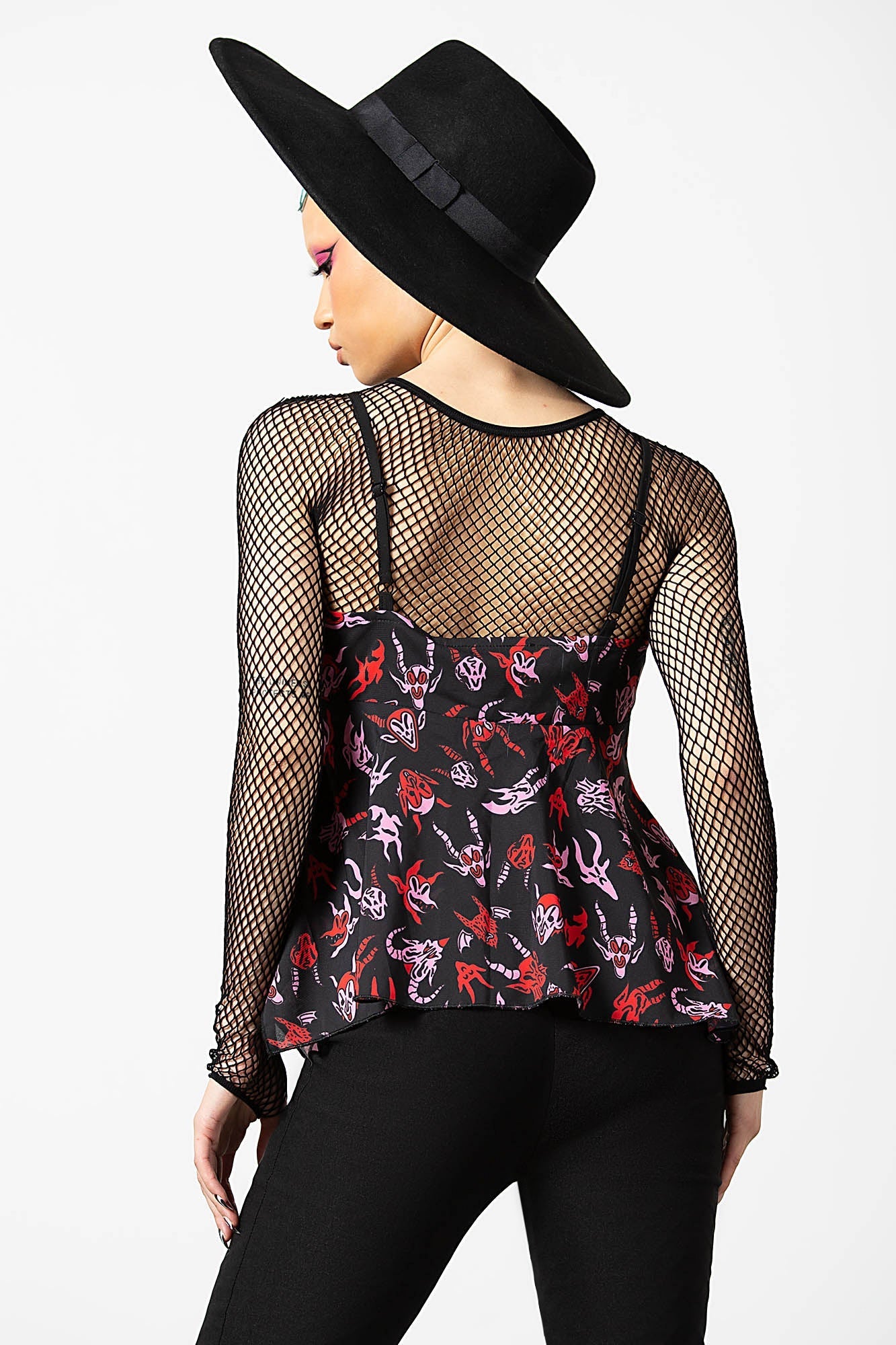Hellborn Blouse - Gothic Mesh V-Neck Top with Adjustable Straps