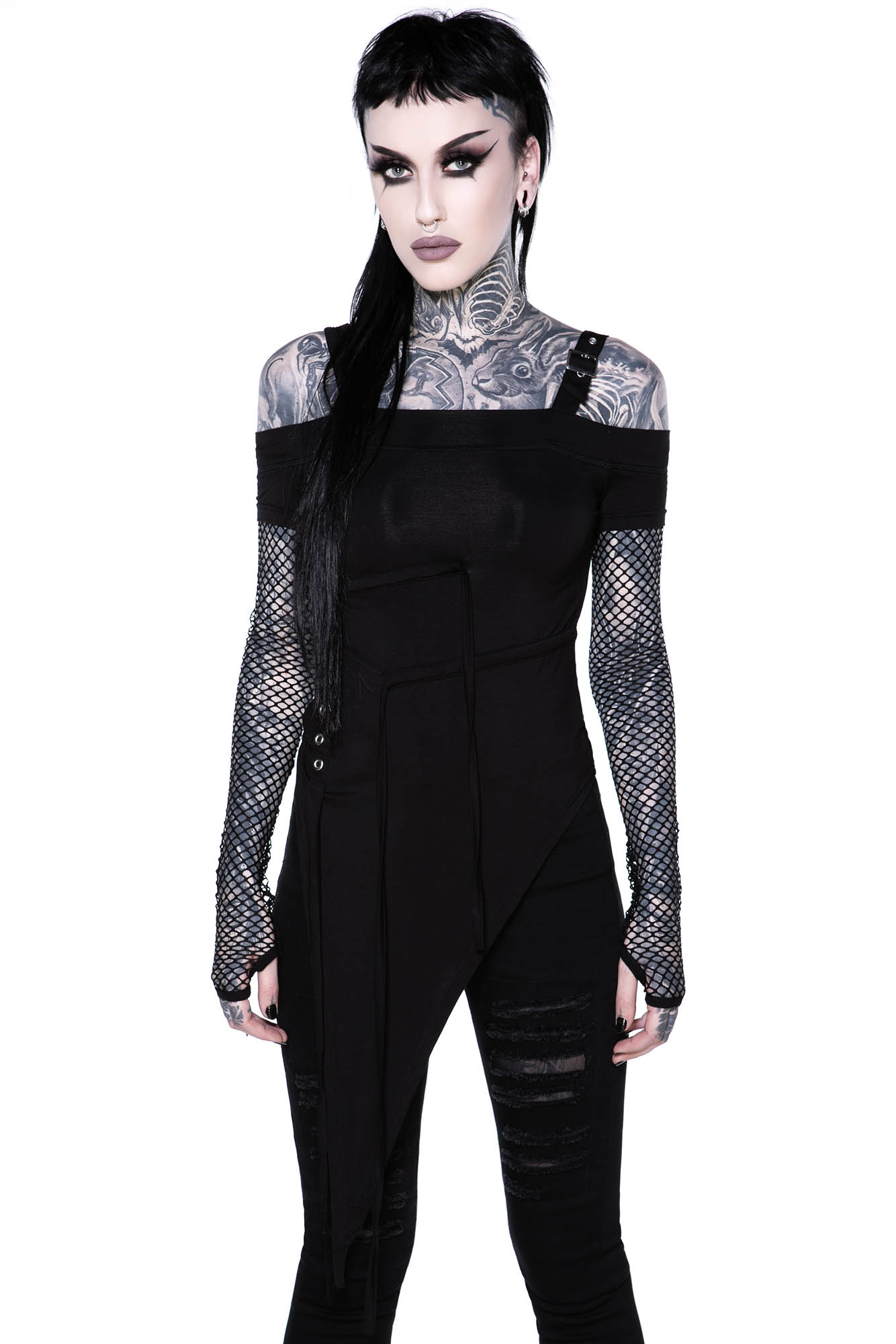 Killstar Hole Heartedly Bardot Top with Fishnet Sleeves