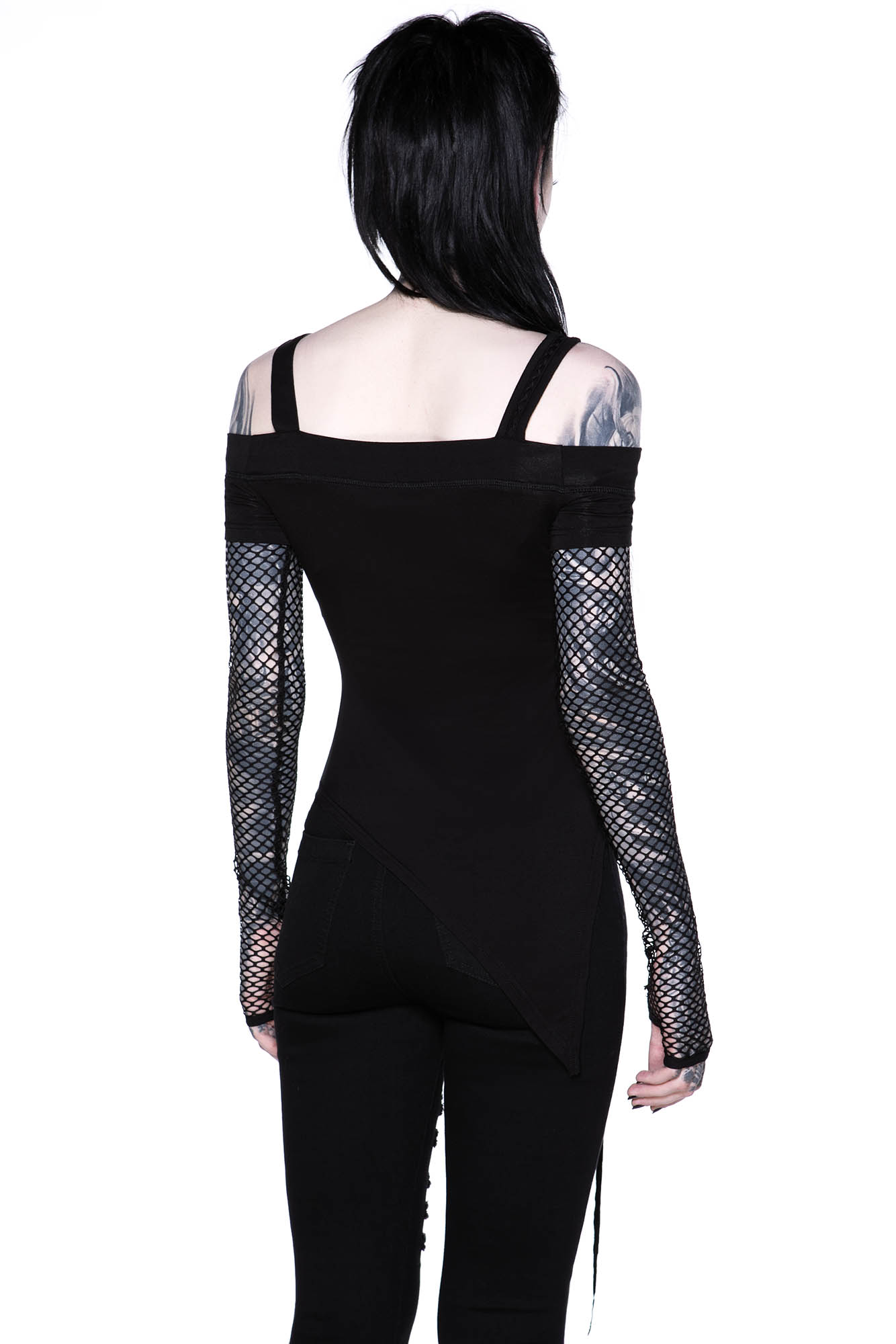 Killstar Hole Heartedly Bardot Top with Fishnet Sleeves
