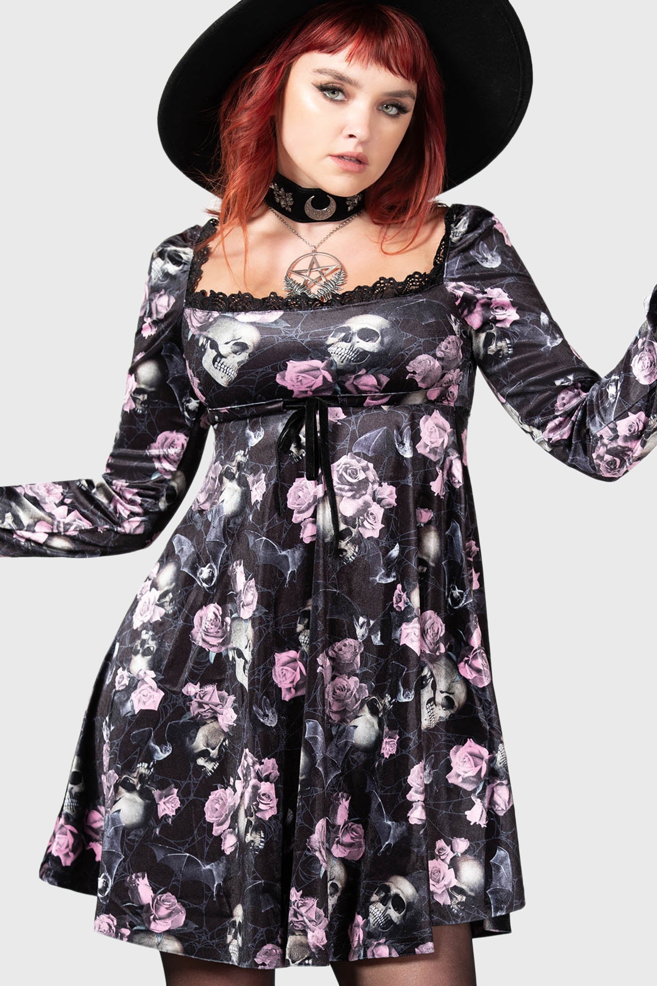 Killstar Imperia Velvet Long Sleeve Gothic Dress - Black & Pink