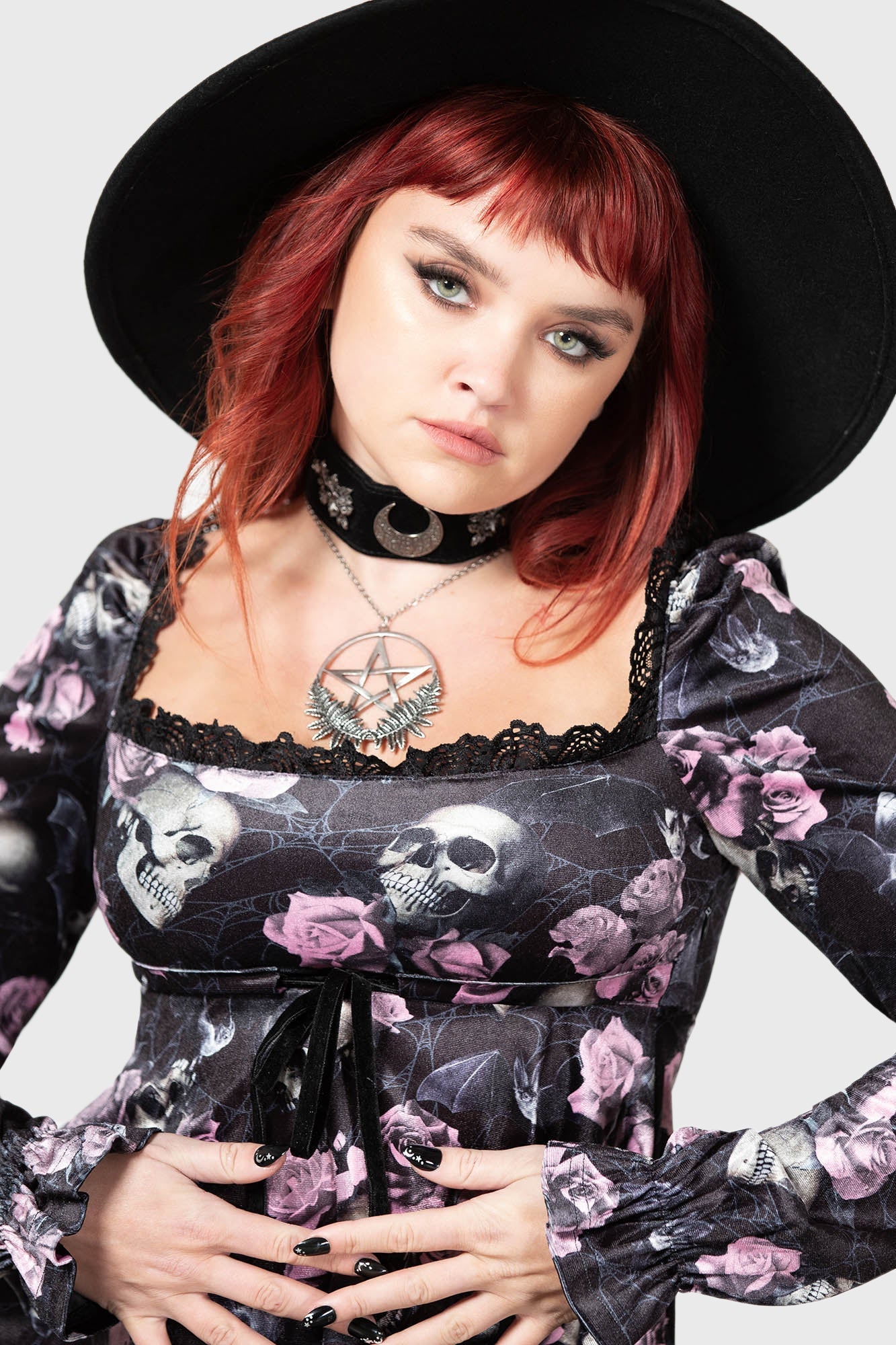 Killstar Imperia Velvet Long Sleeve Gothic Dress - Black & Pink