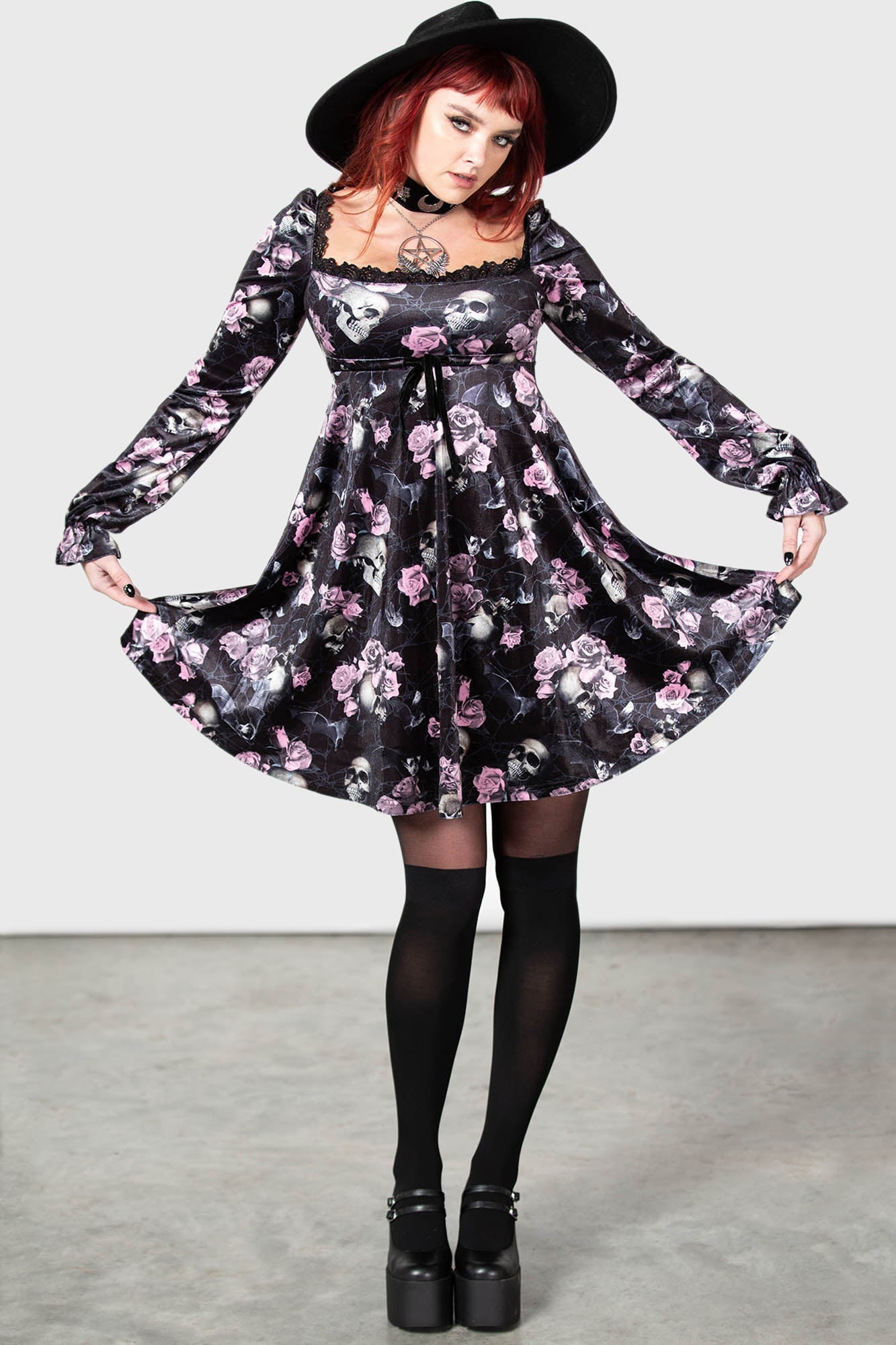 Killstar Imperia Velvet Long Sleeve Gothic Dress - Black & Pink