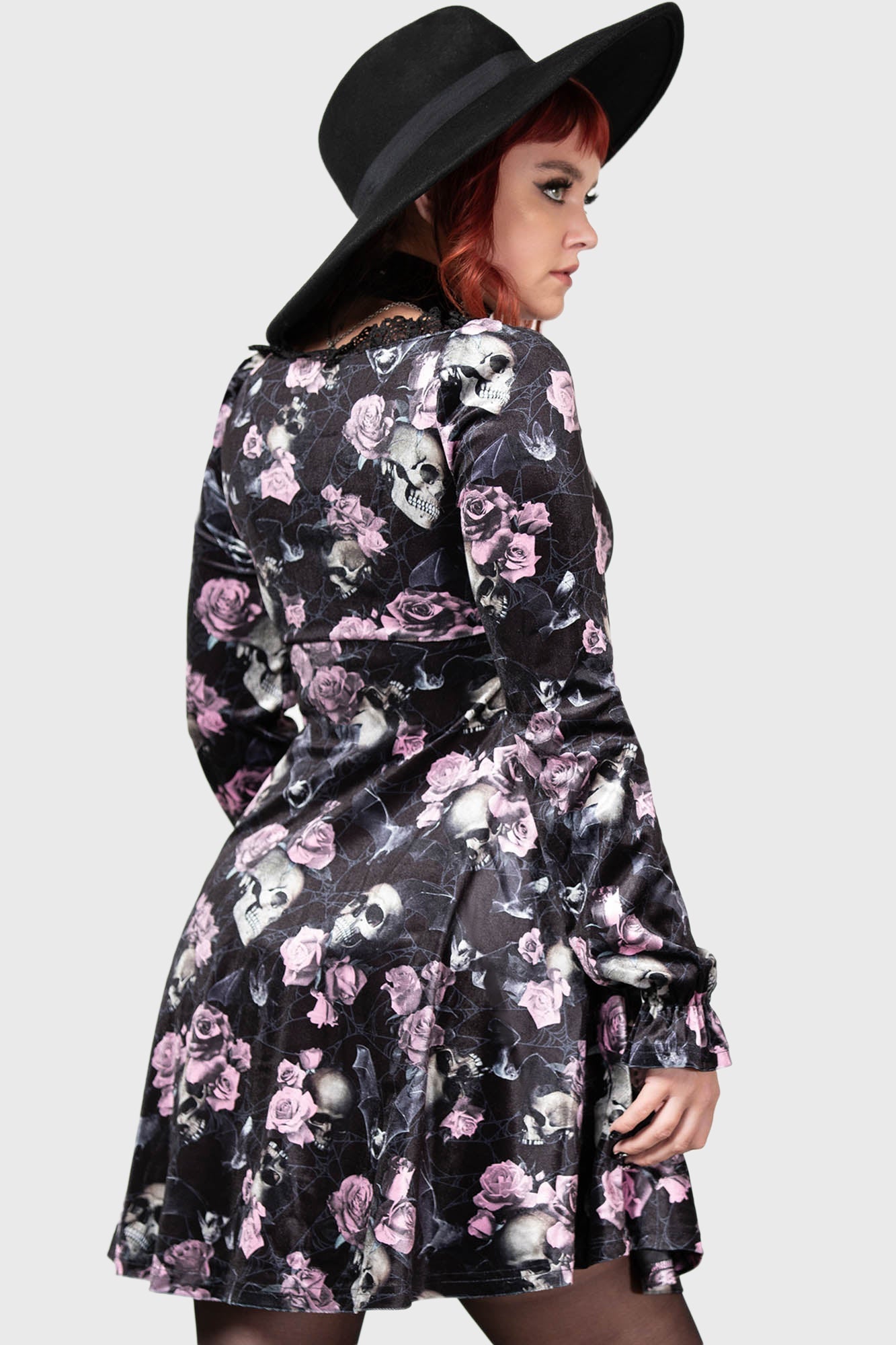 Killstar Imperia Velvet Long Sleeve Gothic Dress - Black & Pink