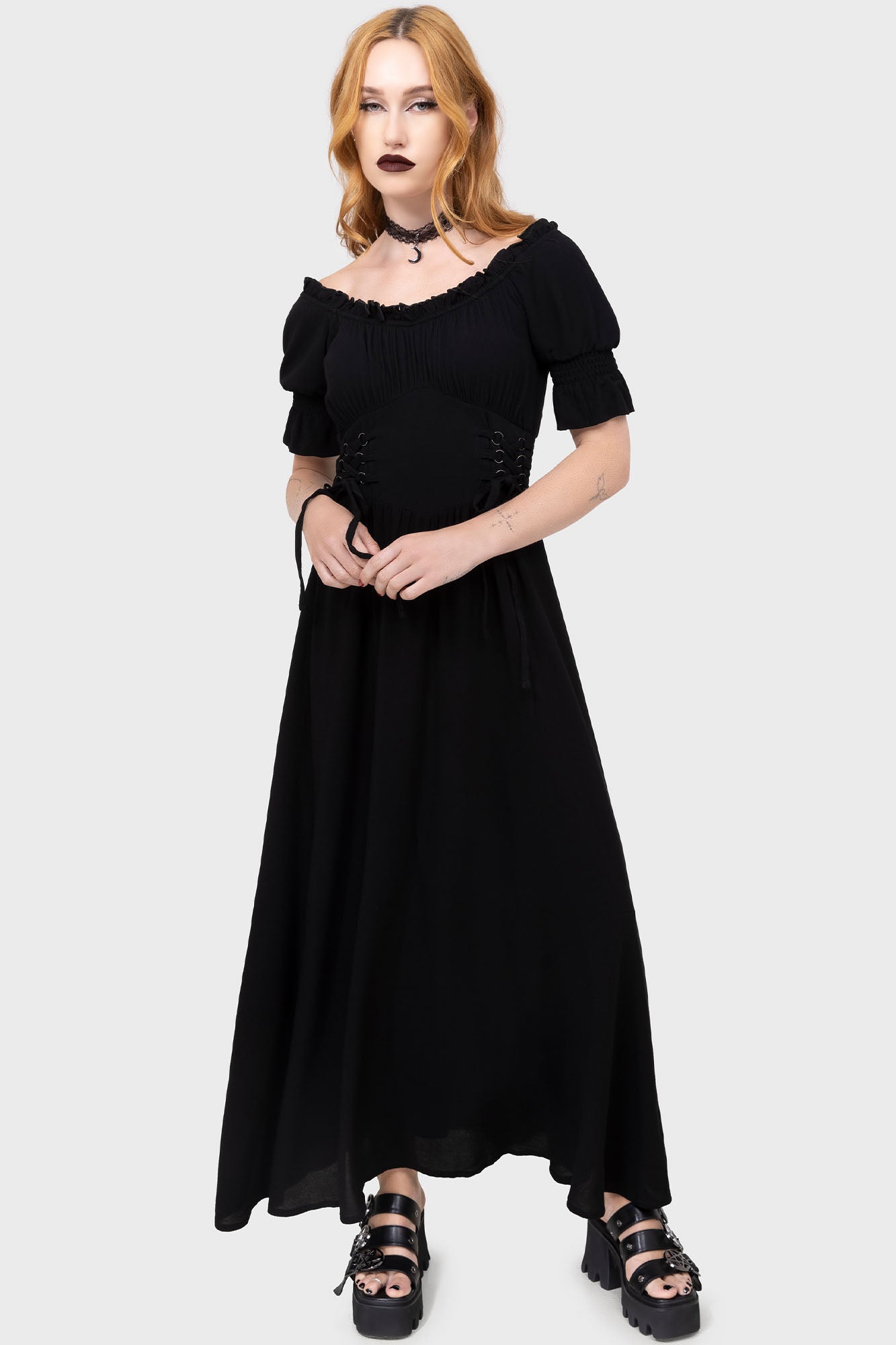 Killstar Jocasta Black Maxi Dress with Lace-Up Waist