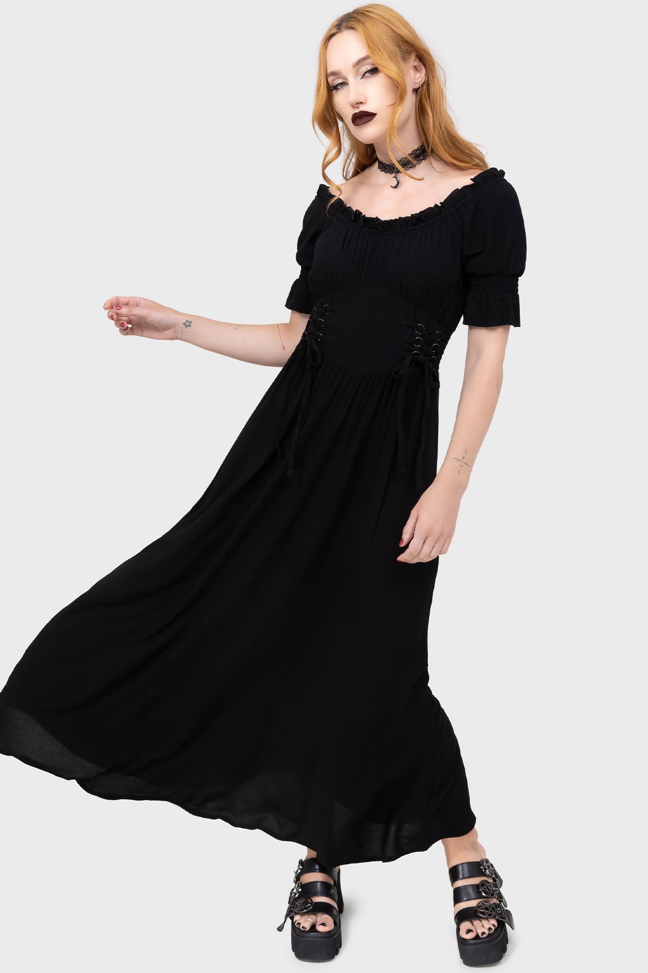 Killstar Jocasta Black Maxi Dress with Lace-Up Waist