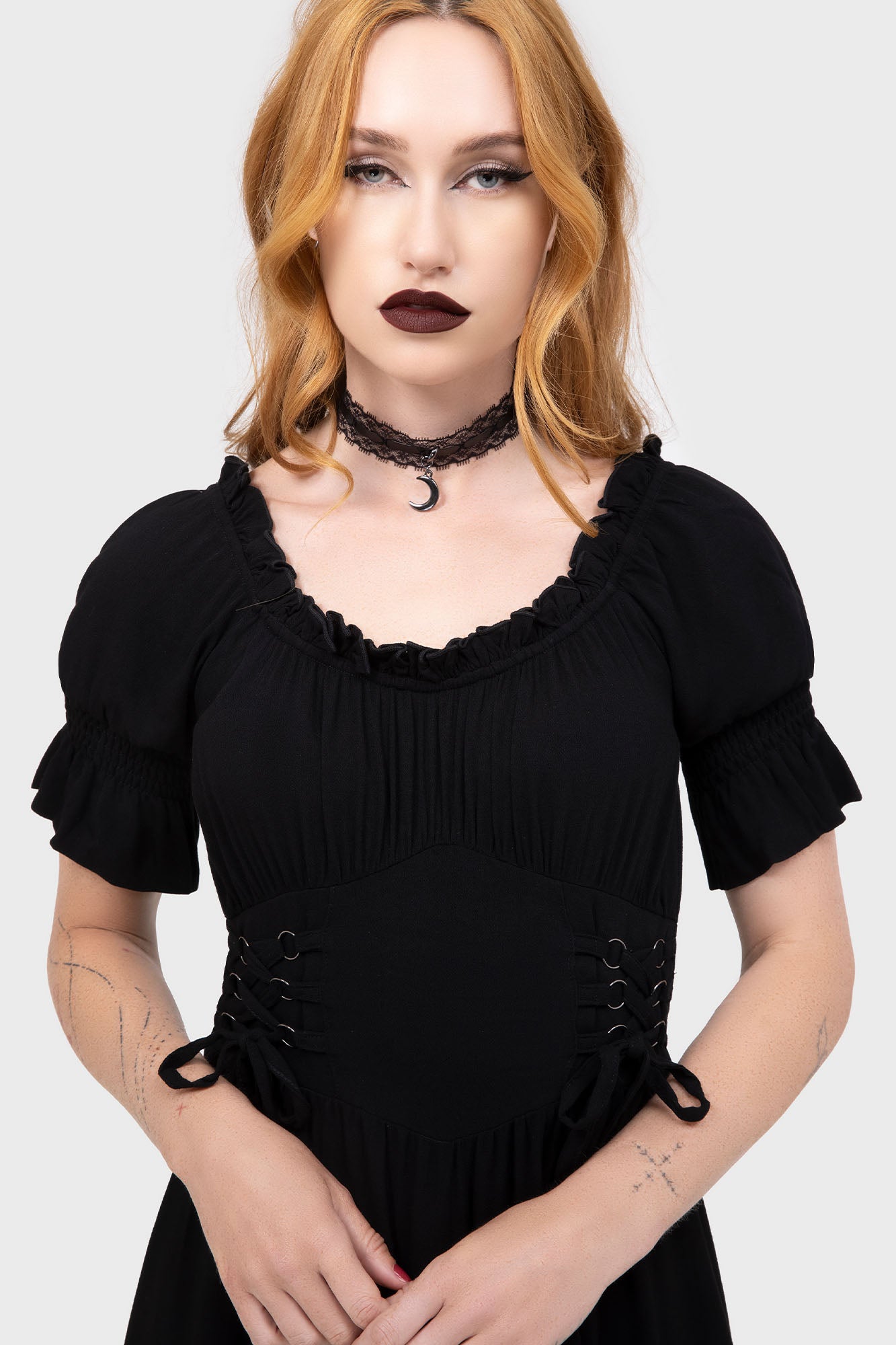 Killstar Jocasta Black Maxi Dress with Lace-Up Waist
