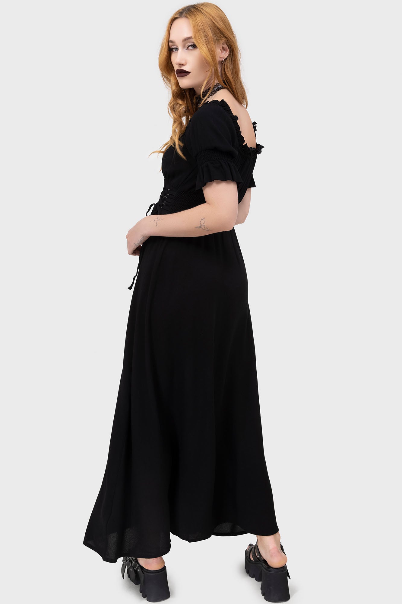 Killstar Jocasta Black Maxi Dress with Lace-Up Waist