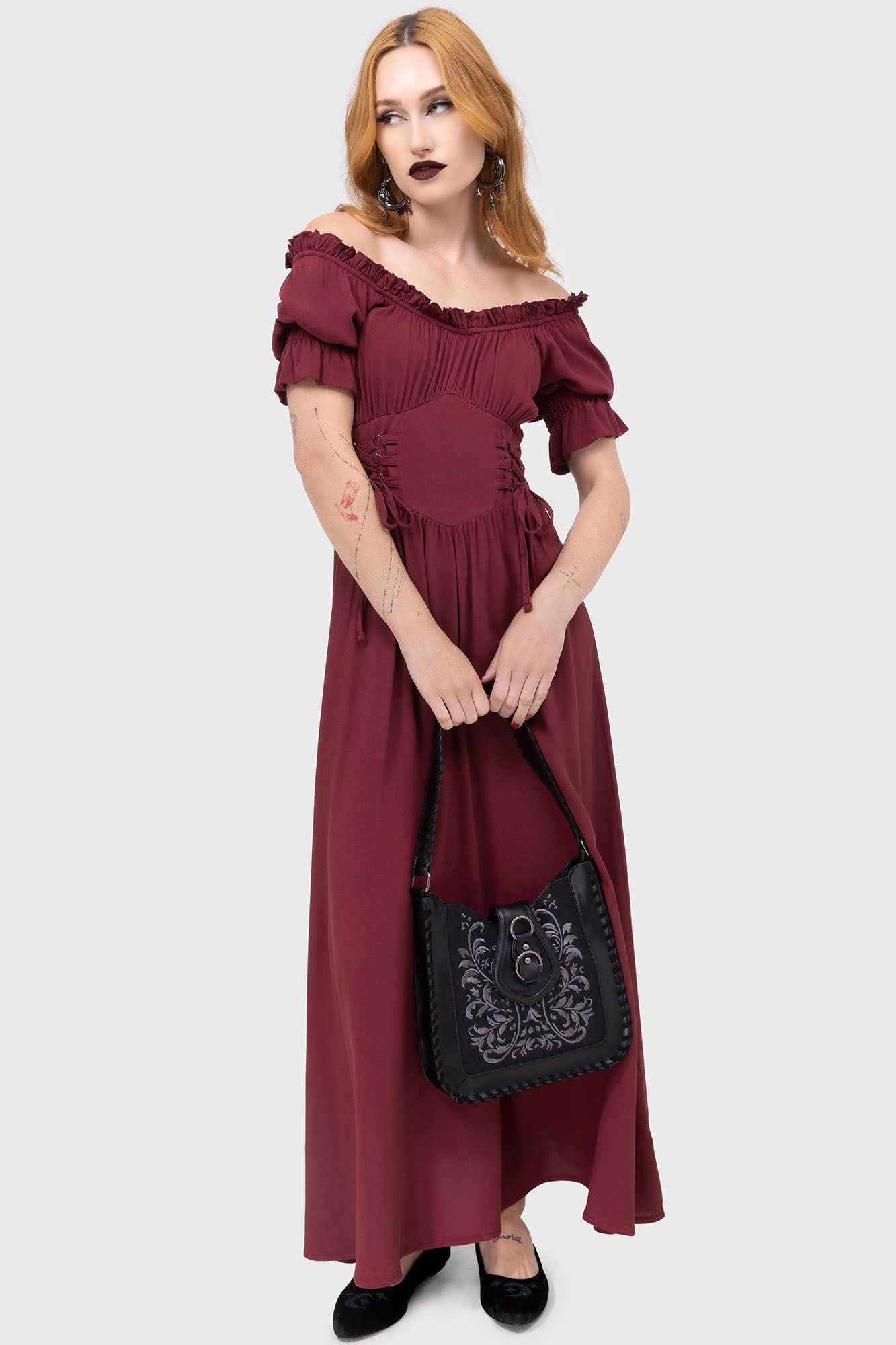 Killstar Jocasta Red Maxi Dress with Lace-Up Waist