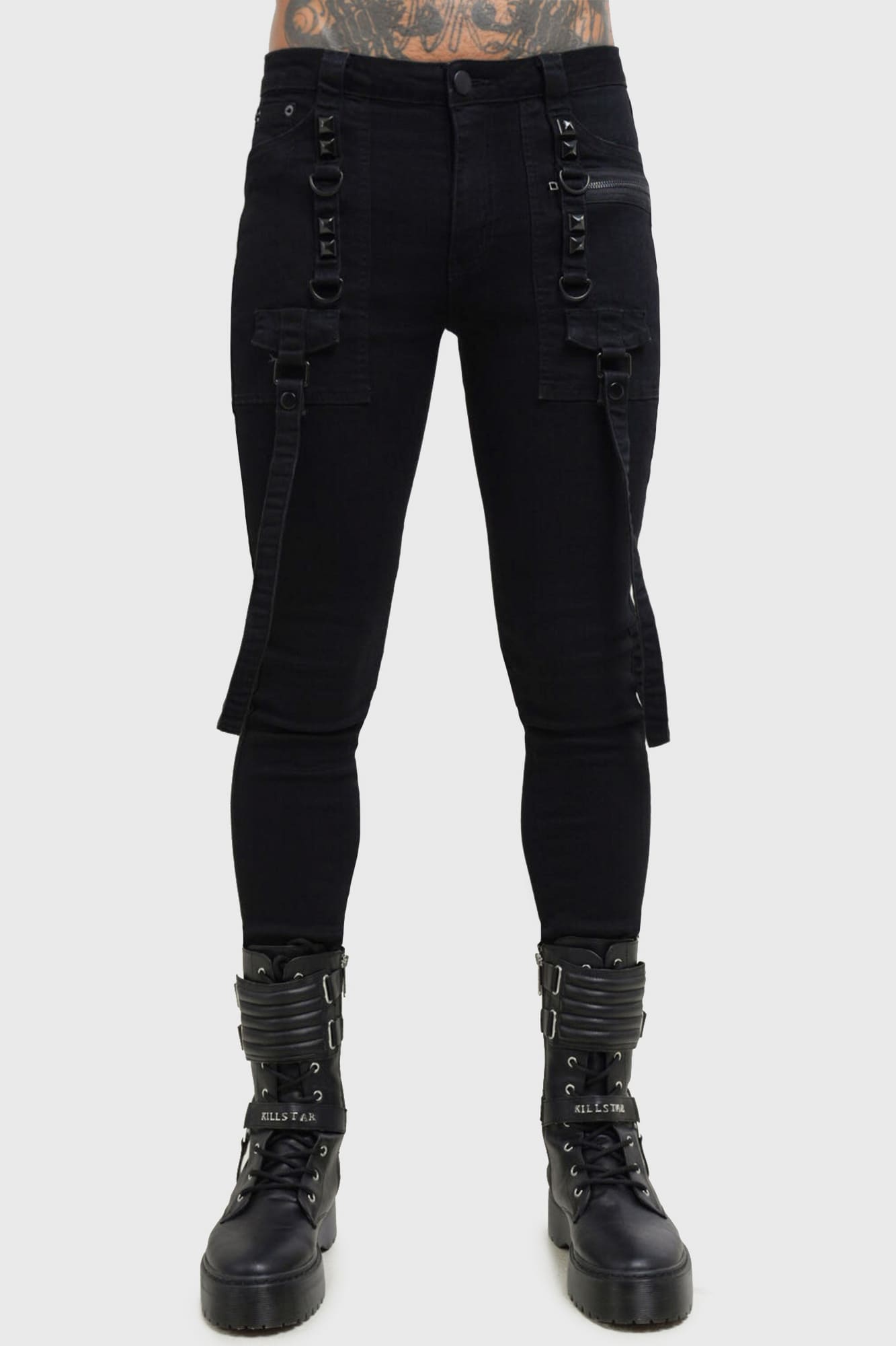 Kihilist Bondage Pants with Studs & Straps - Slim Fit Cotton Trousers