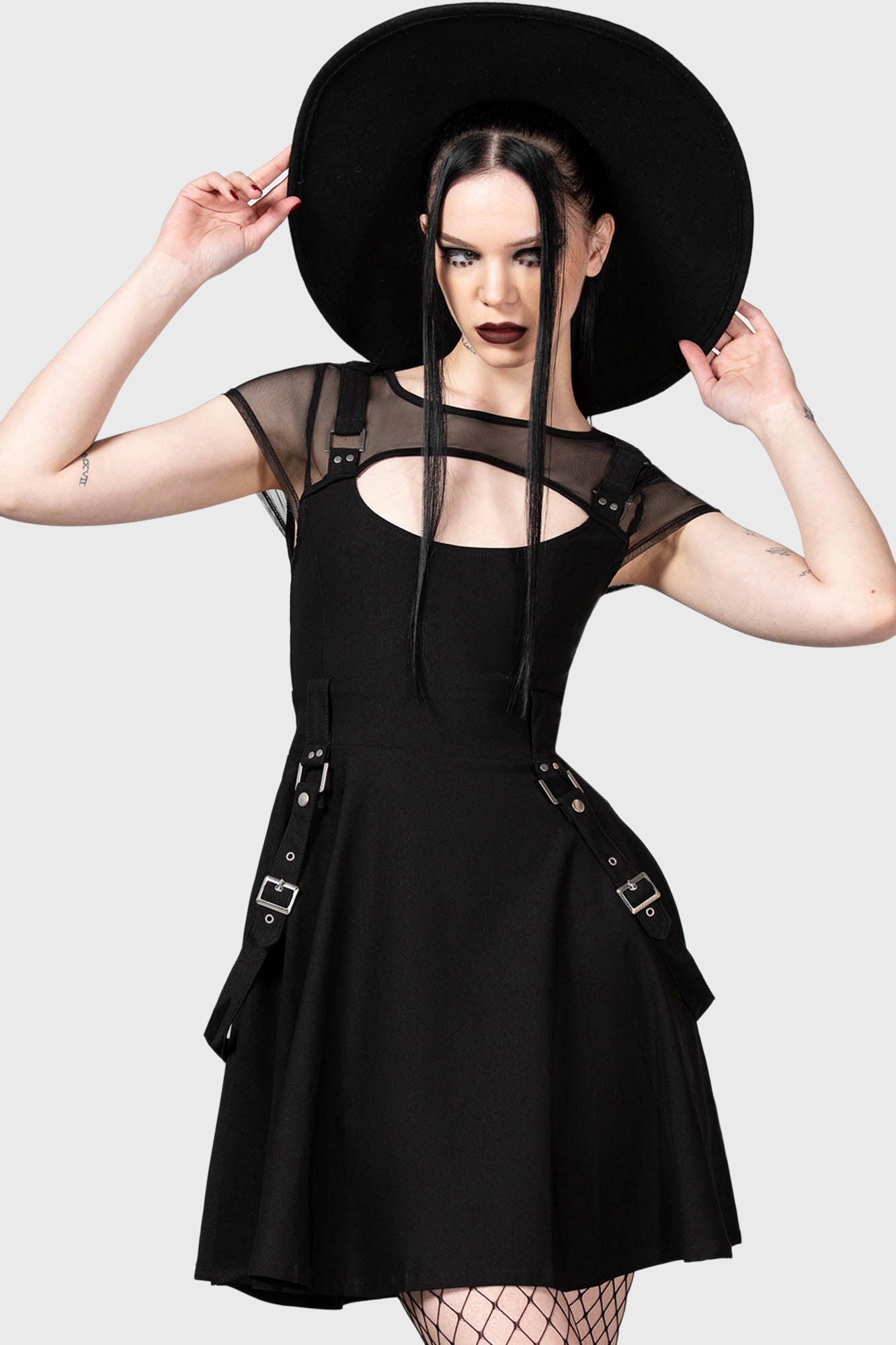 Kounter Kulture Resurrect Skater Dress with Mesh Yoke & Buckles