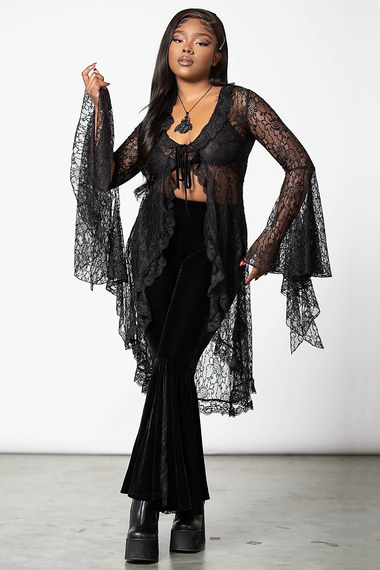 Vilania Lace Duster with Bell Sleeves & Tie Closure