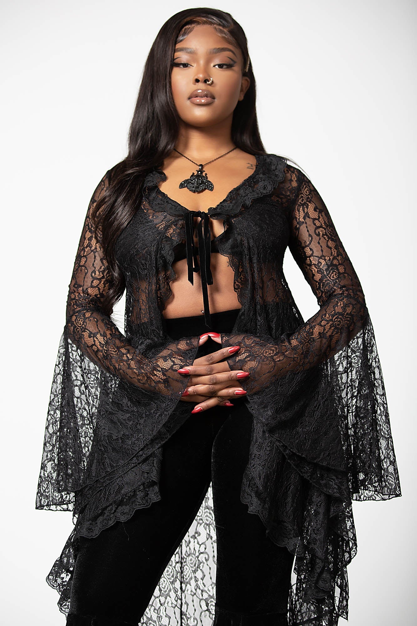 Vilania Lace Duster with Bell Sleeves & Tie Closure