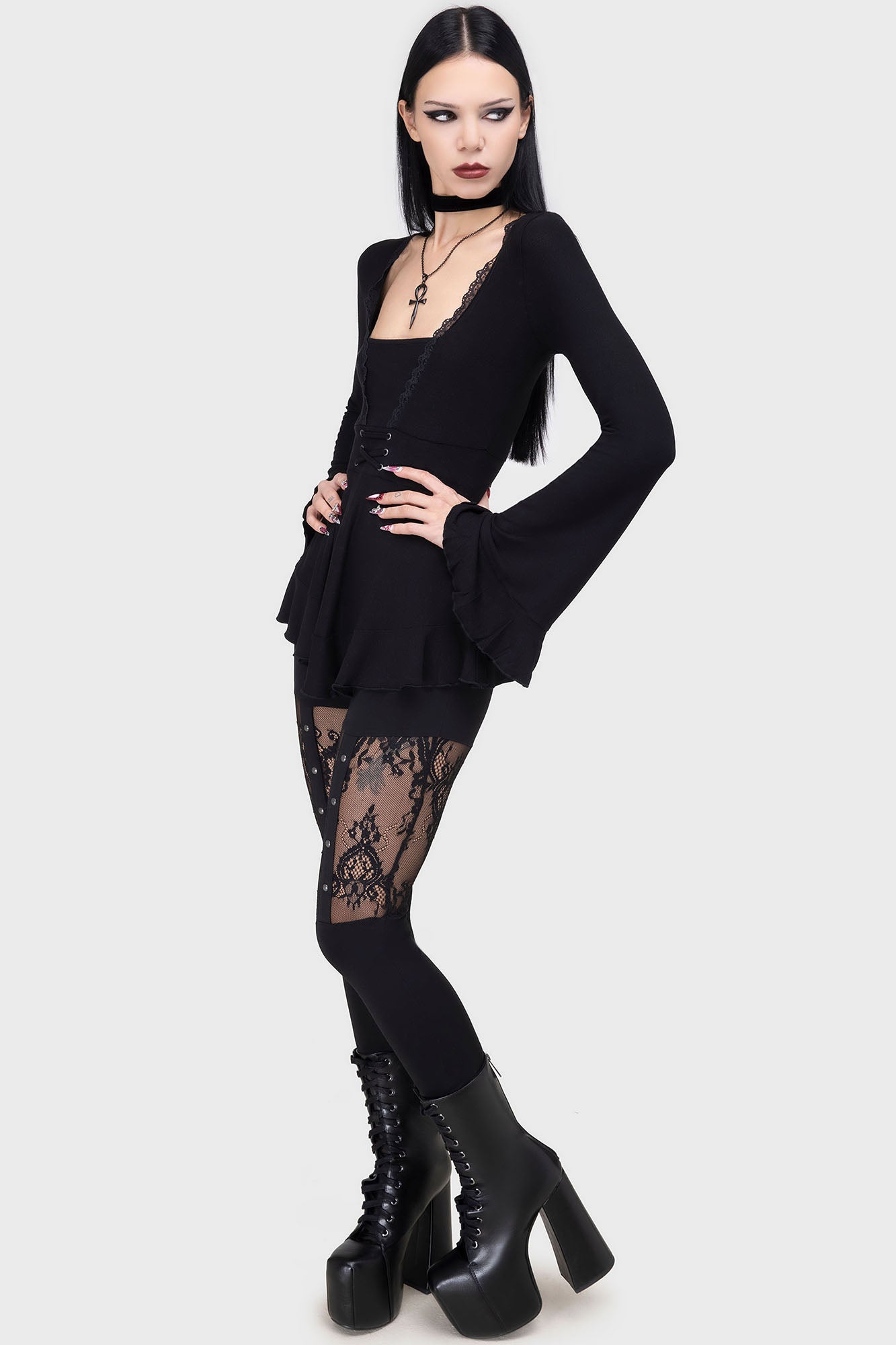 Killstar Lady Fatale Lace Cut-Out Leggings - Soft Stretch Jersey