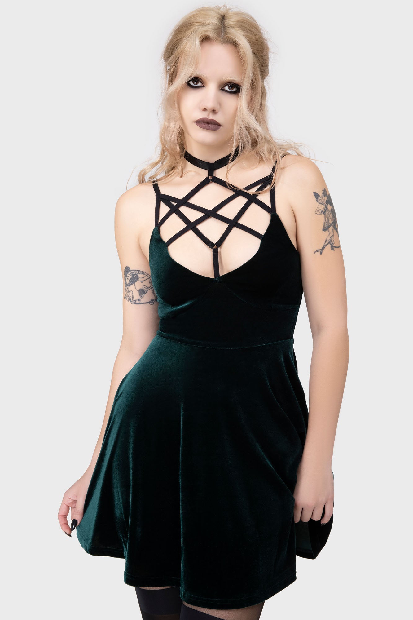 Killstar Magica Emerald Velvet Skater Dress with Low Back
