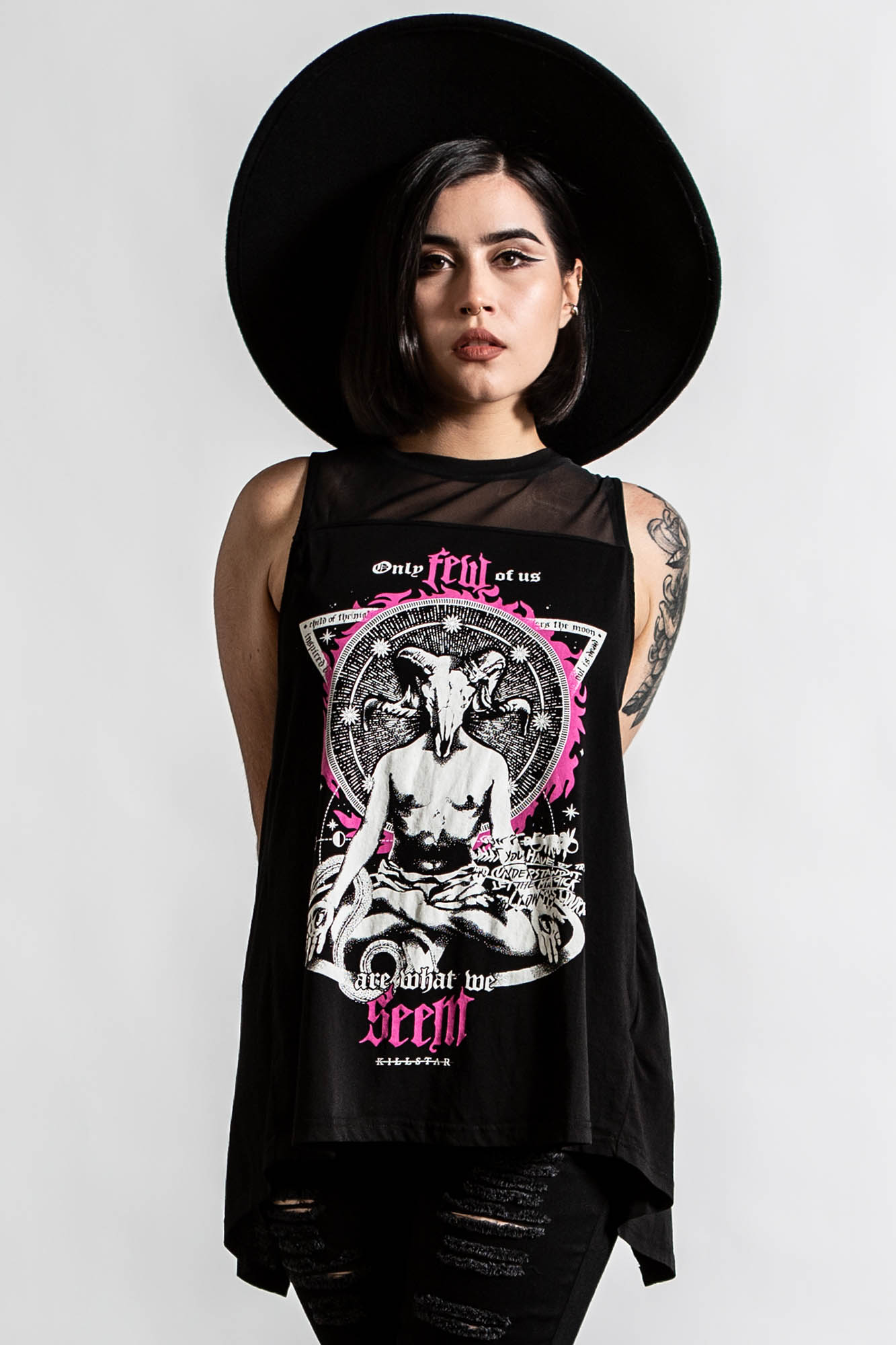 Killstar Meditate Slit Back Mesh Vest Top - Gothic Statement Print