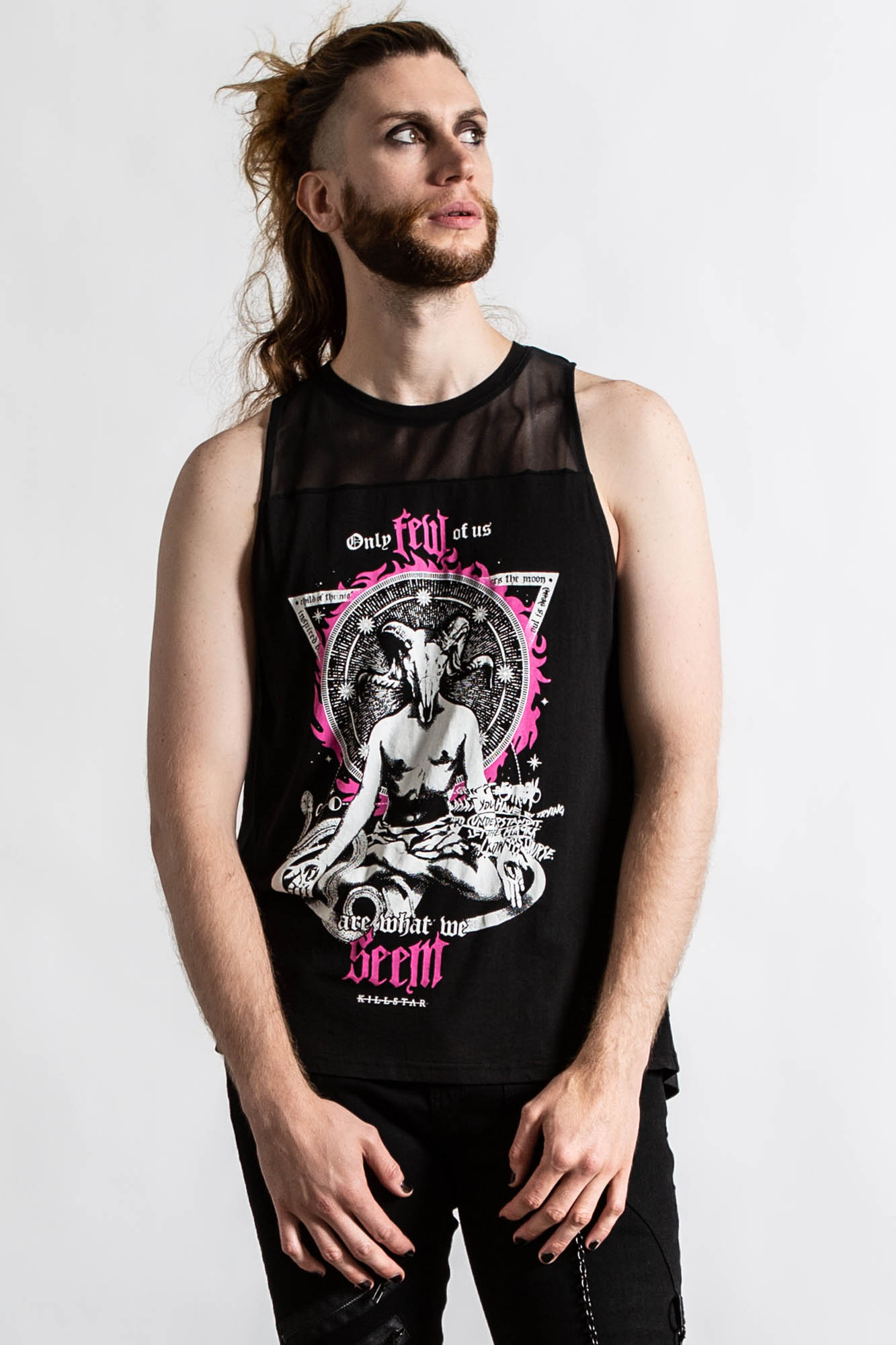 Killstar Meditate Slit Back Mesh Vest Top - Gothic Statement Print