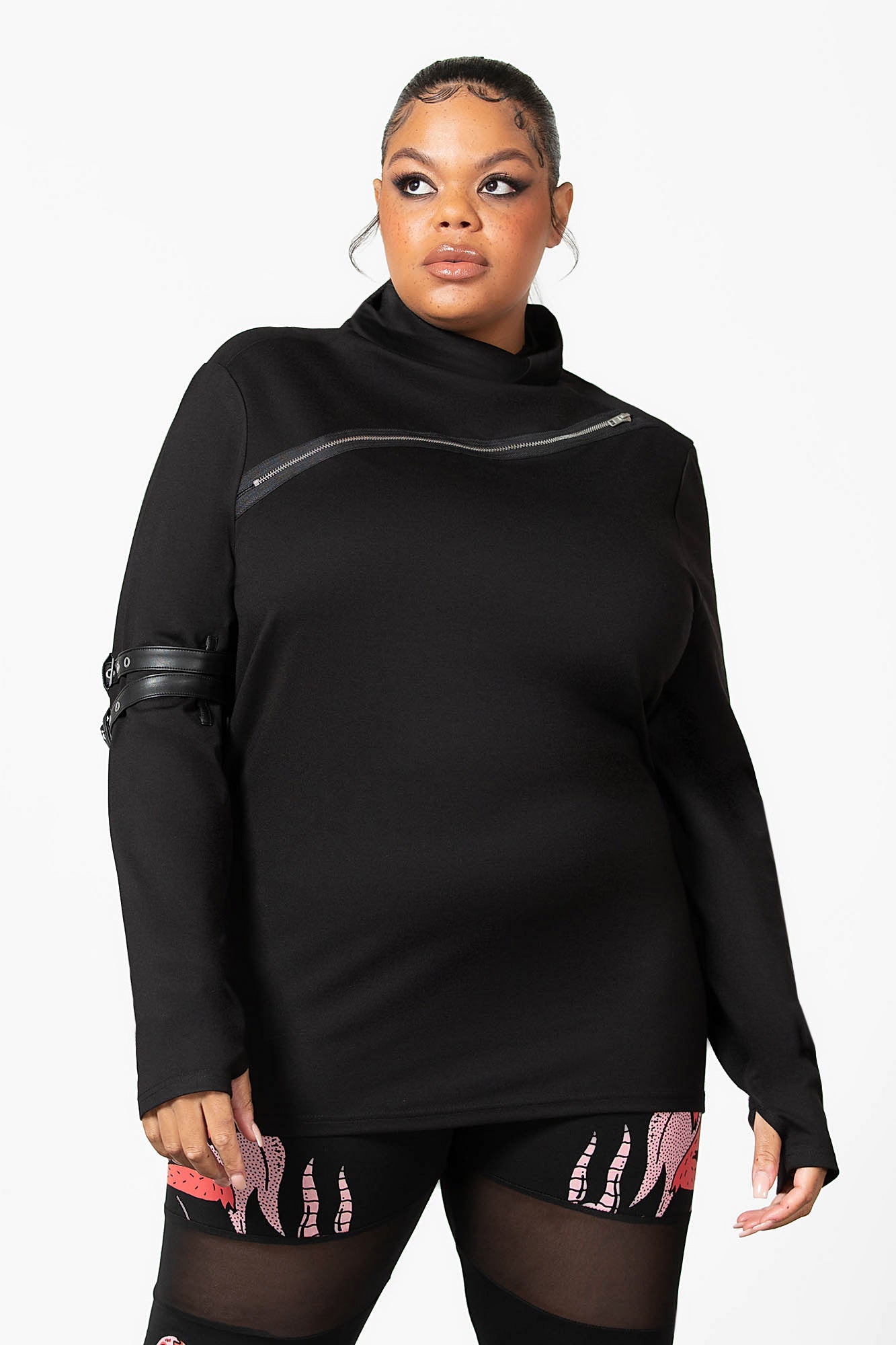 Killstar Meridian Long Sleeve Zip Top with Faux Leather Straps
