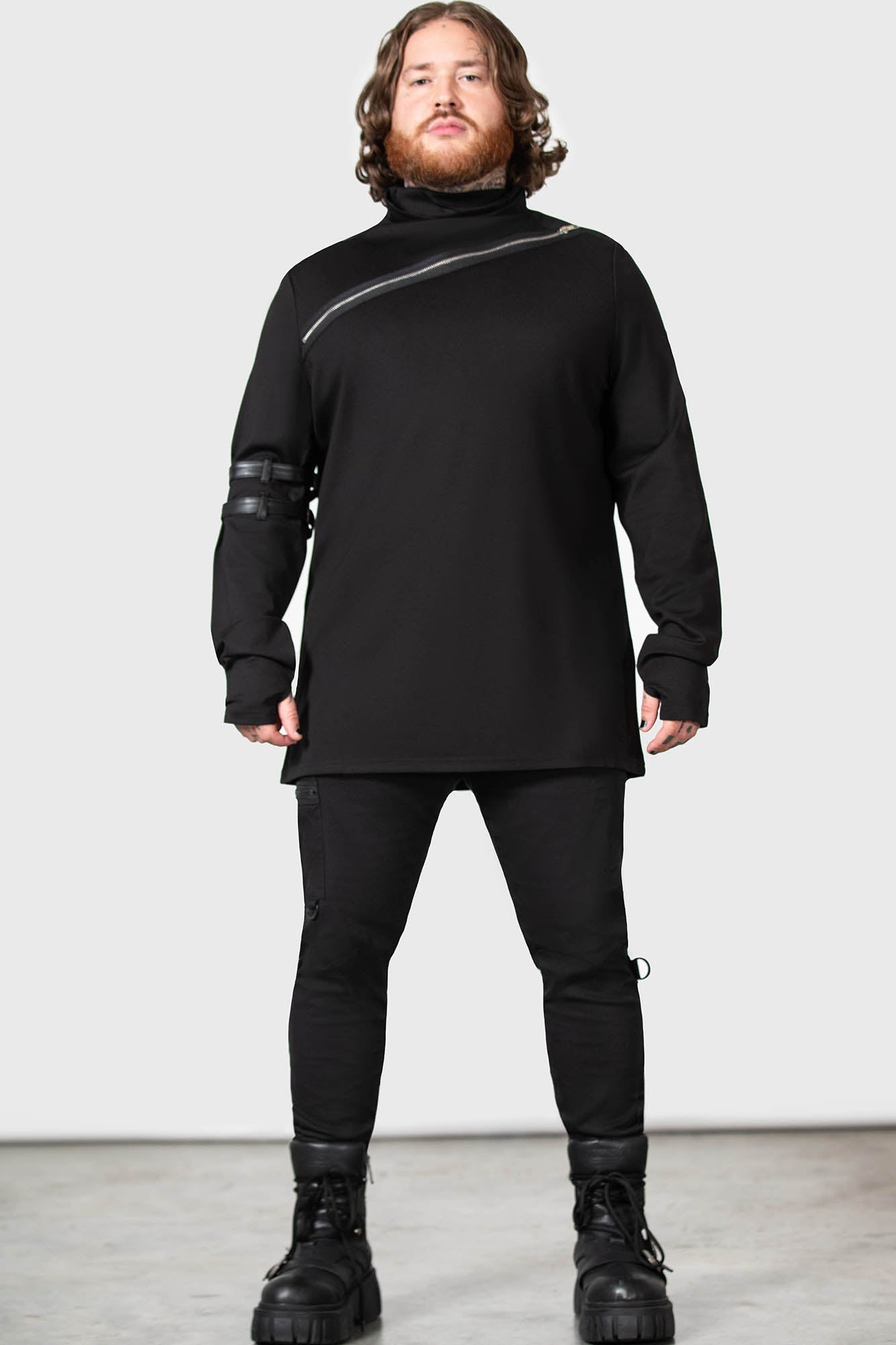 Killstar Meridian Long Sleeve Zip Top with Faux Leather Straps