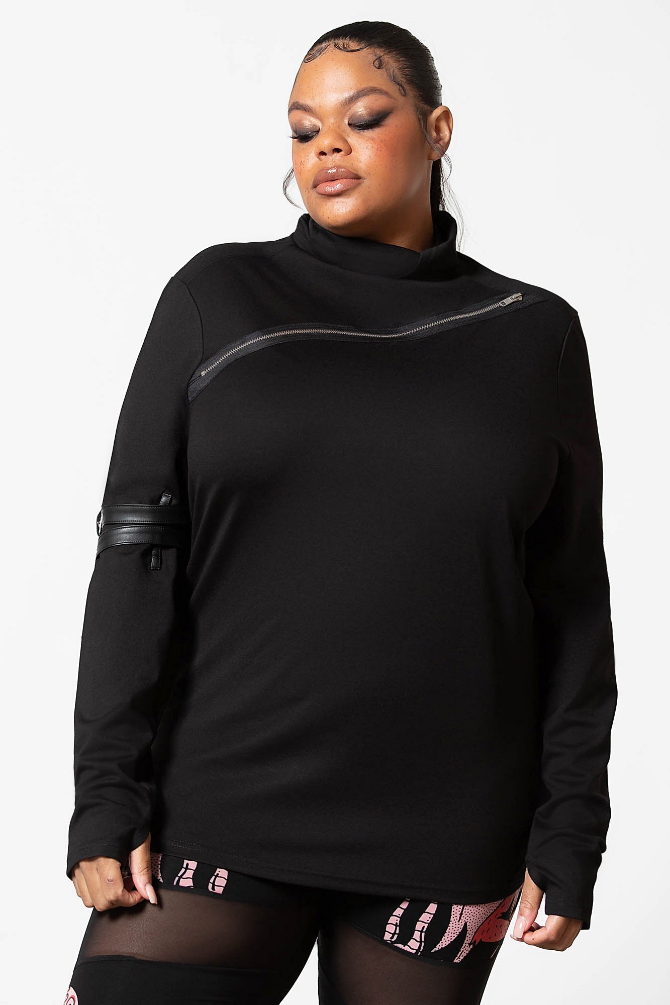 Killstar Meridian Long Sleeve Zip Top with Faux Leather Straps