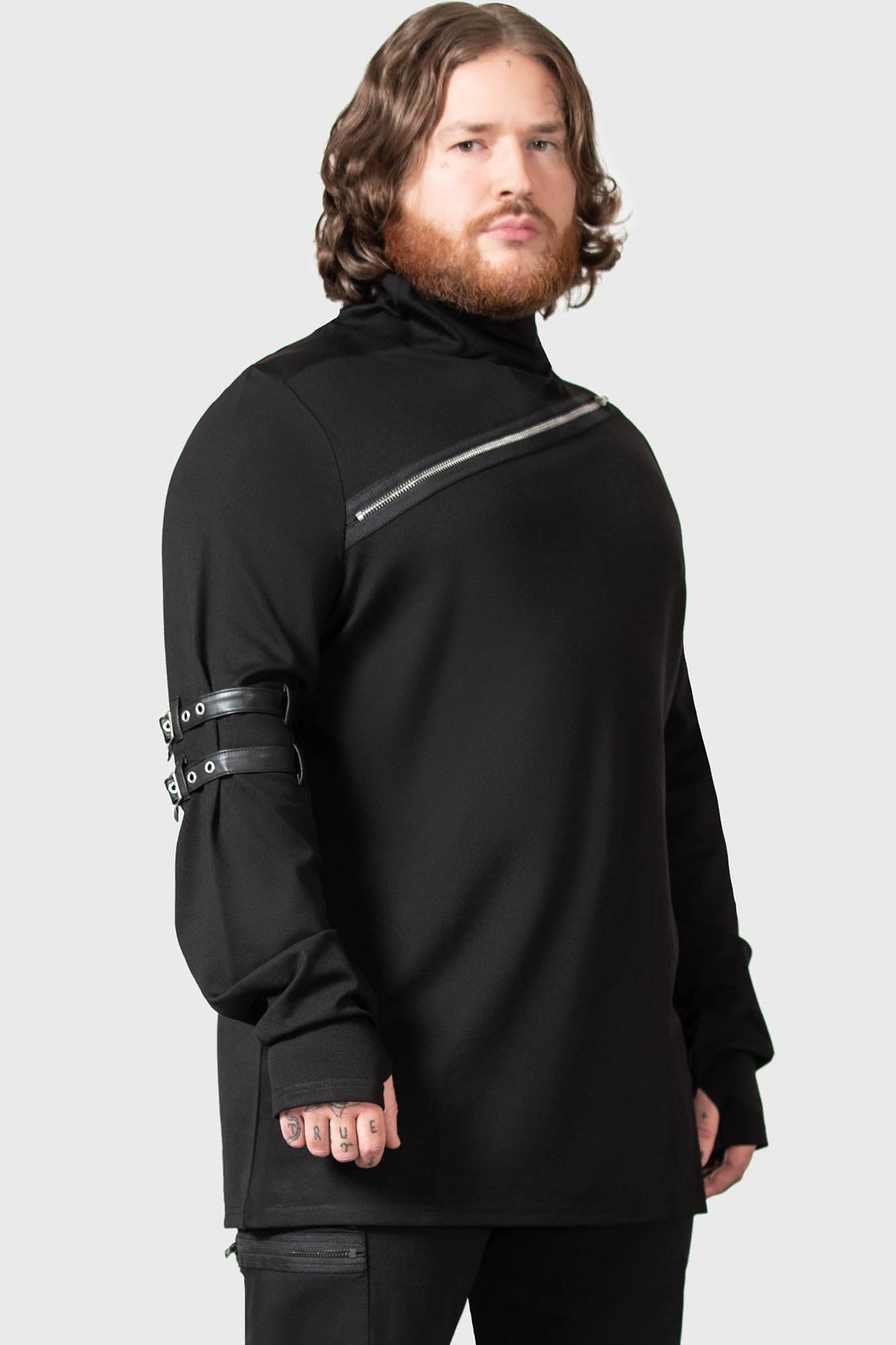 Killstar Meridian Long Sleeve Zip Top with Faux Leather Straps
