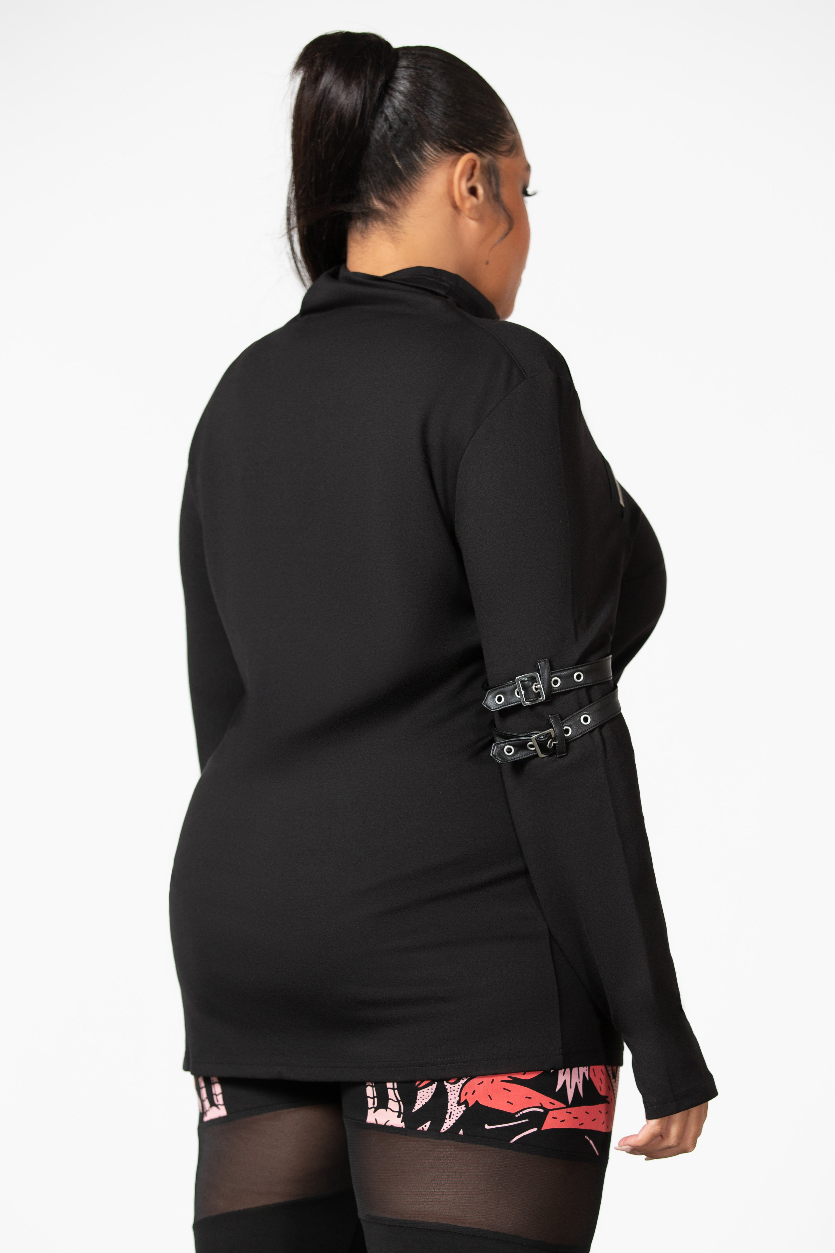 Killstar Meridian Long Sleeve Zip Top with Faux Leather Straps