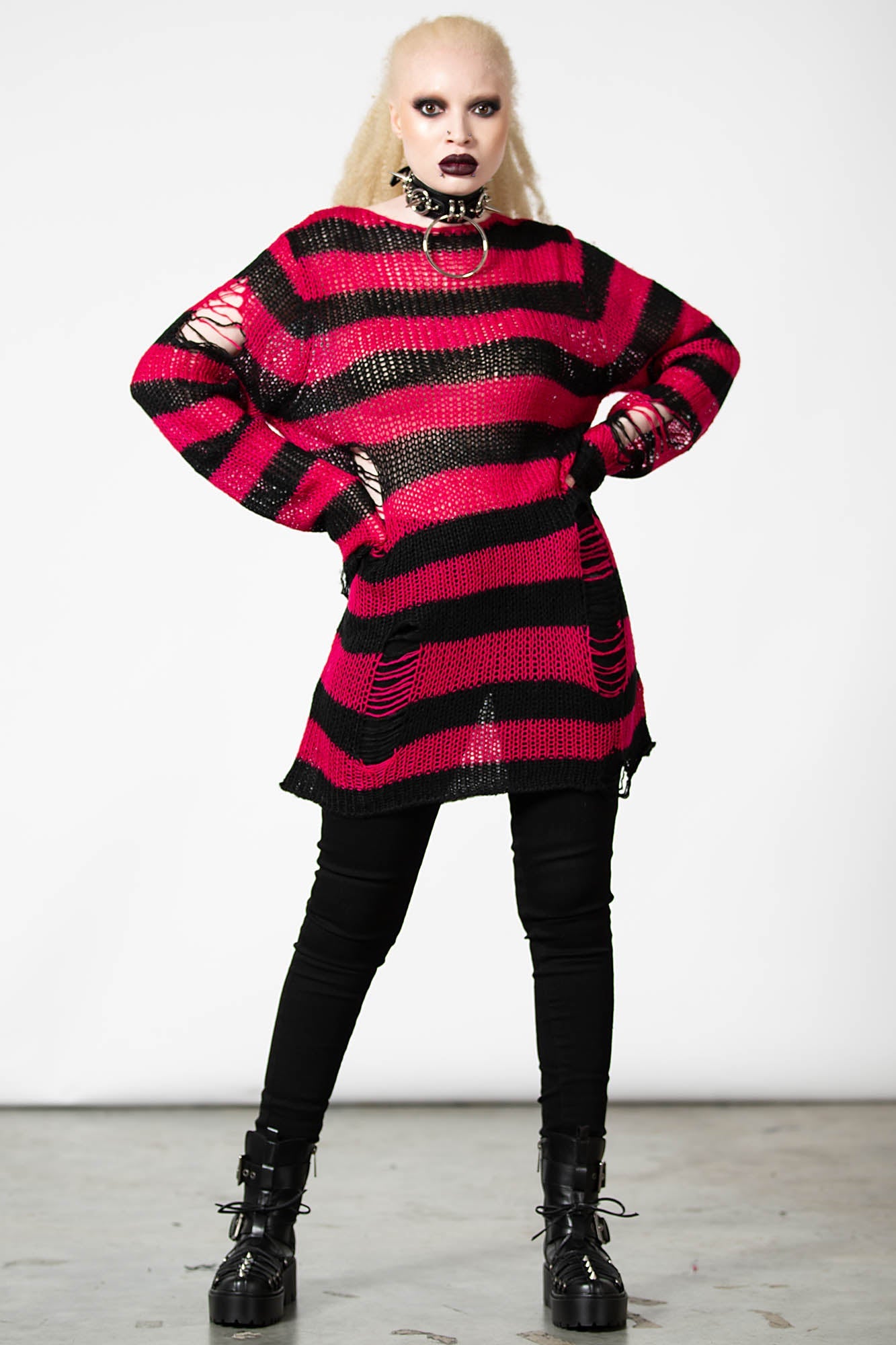 Killstar Mika Grunge Knit Sweater - 90s Pink & Black Striped