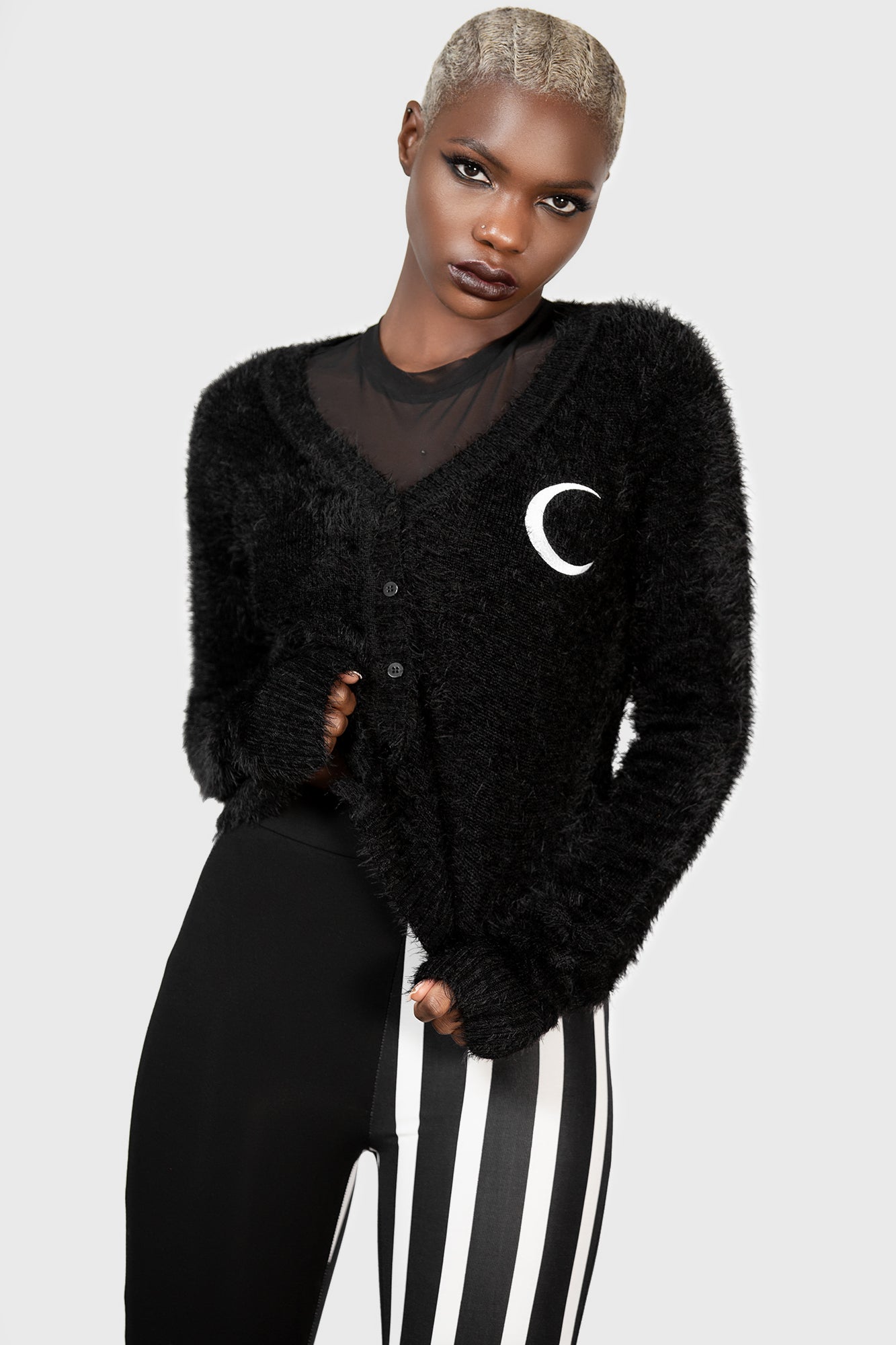 Killstar Crescent Moon Knit Cardigan - Soft V-Neck Button-Up