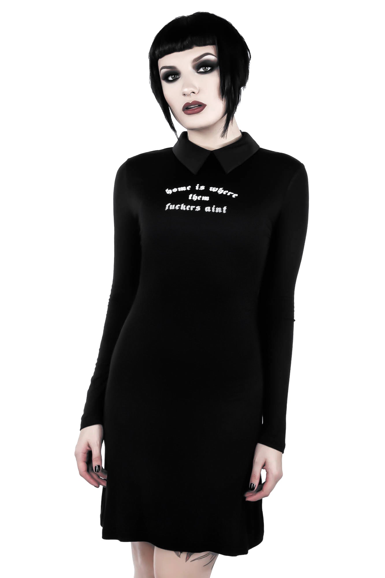 Killstar Minerva Long Sleeve Skater Dress with Collar & Graphic Print