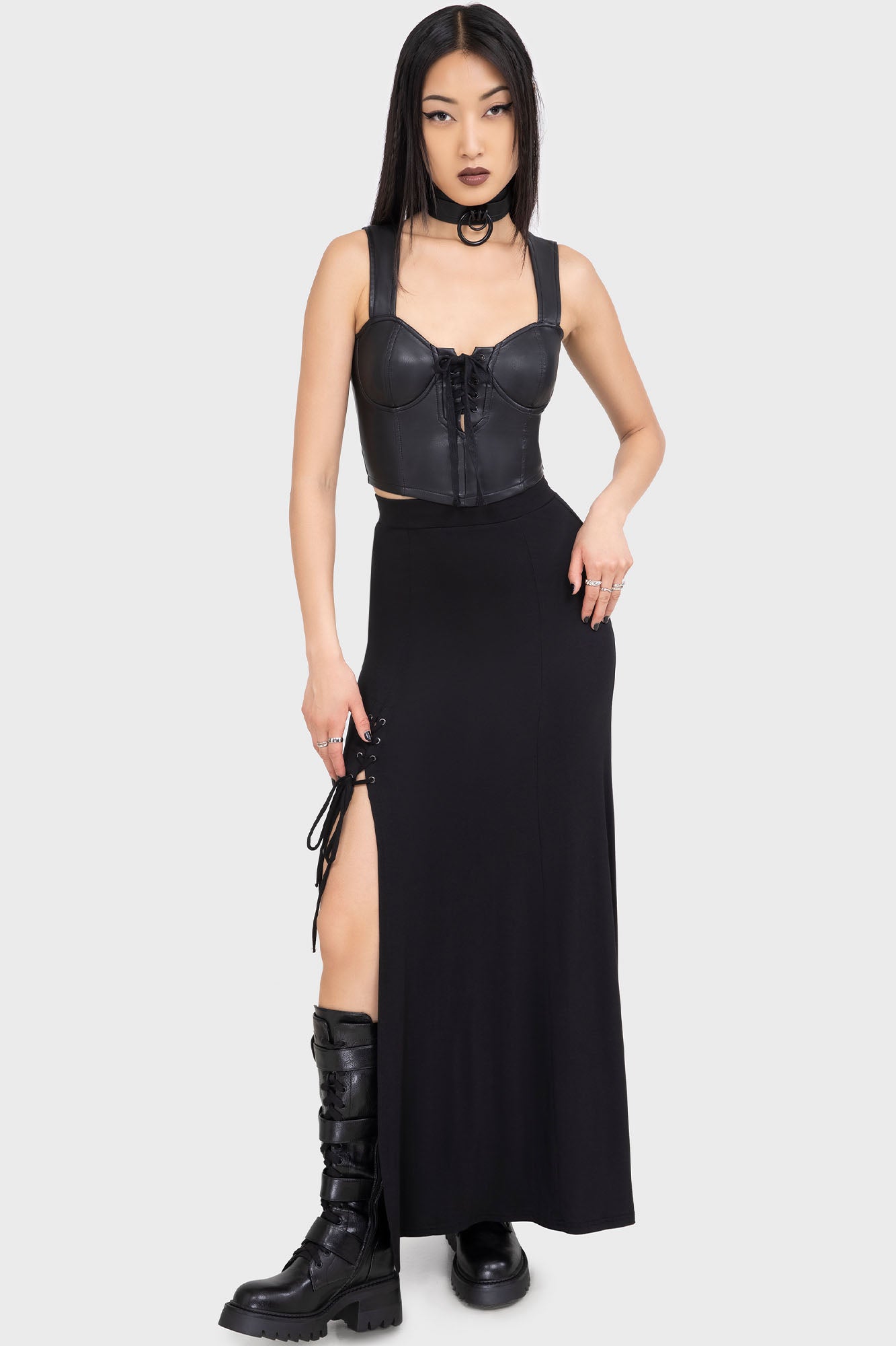 KIHILIST Moonless PU Corset Top with Lace-Up Detail