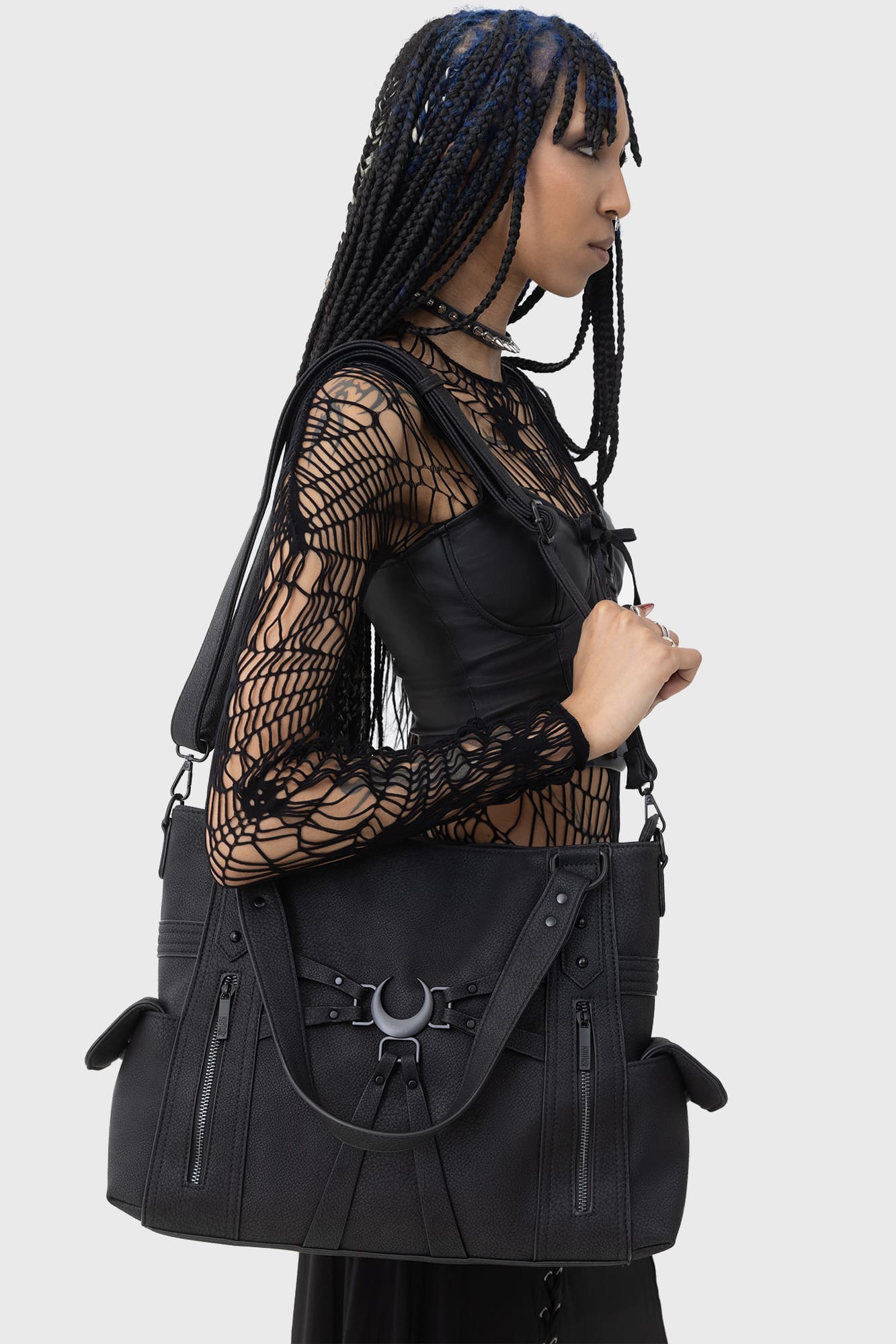 KIHILIST Moonless PU Corset Top with Lace-Up Detail