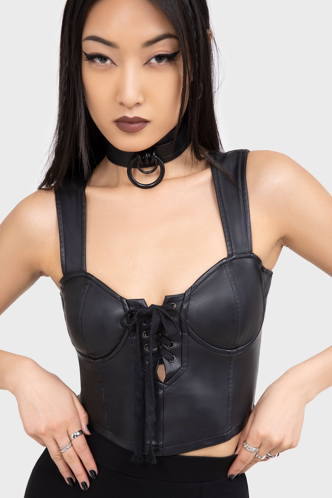 KIHILIST Moonless PU Corset Top with Lace-Up Detail