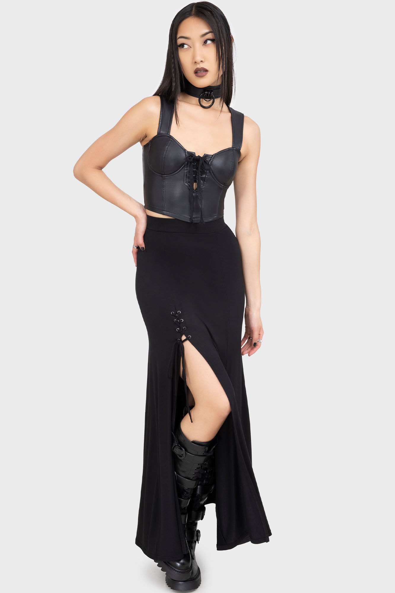 KIHILIST Moonless PU Corset Top with Lace-Up Detail